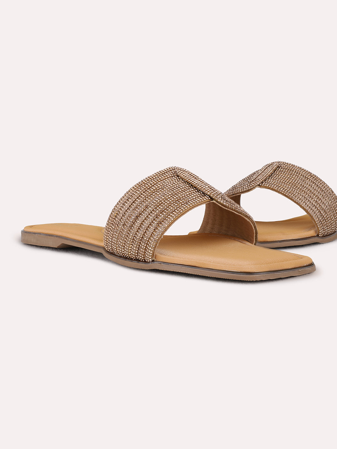 Womens Golden Ethnic Wear Embellished Open Toe Flat Sandals