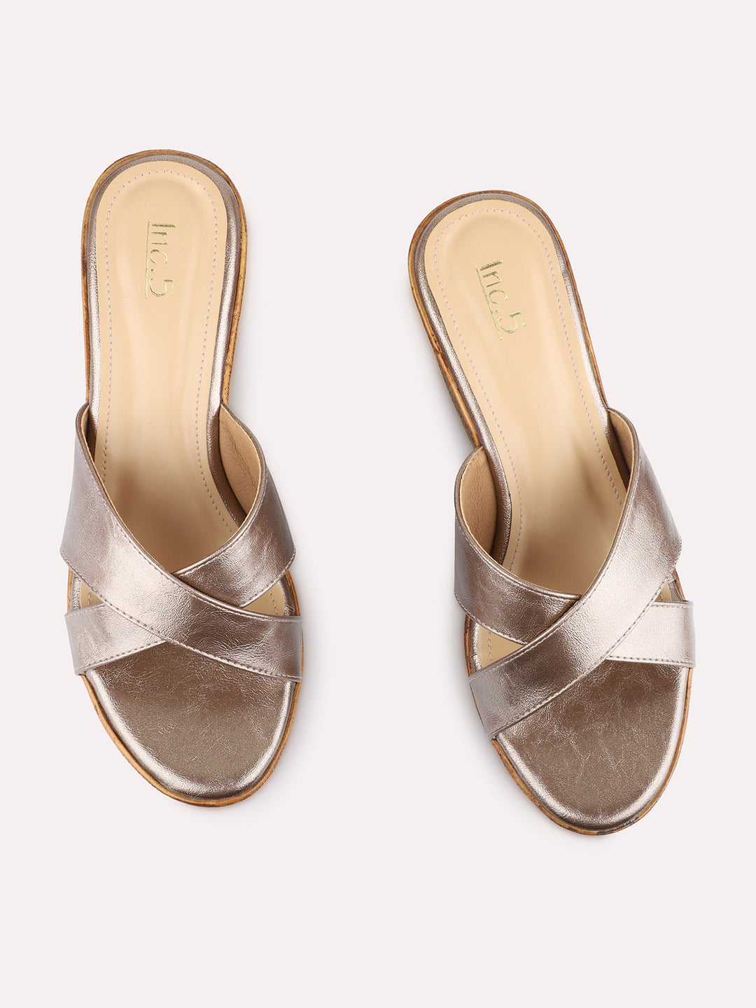 Womens Golden Party Wear Solid Round Toe Wedge Heels