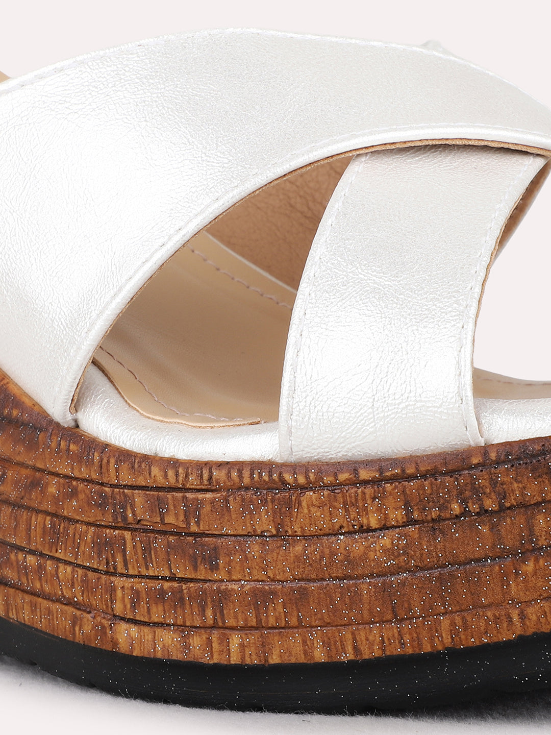 Womens Silver Party Wear Textured Round Toe Wedge Heel Sandals