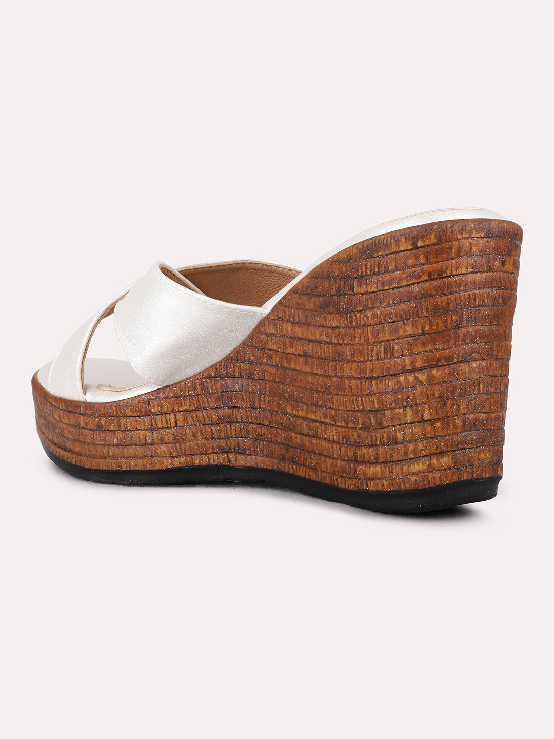 Womens Silver Party Wear Textured Round Toe Wedge Heel Sandals