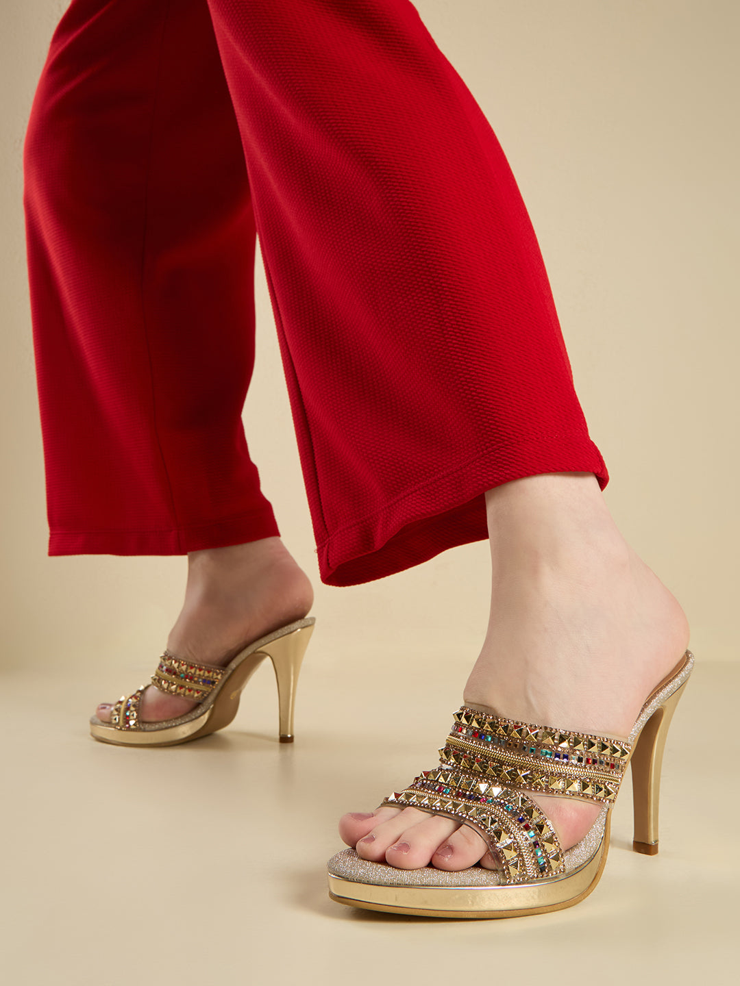 Womens Golden Ethnic Embellished Round Toe Stiletto Heel Sandals