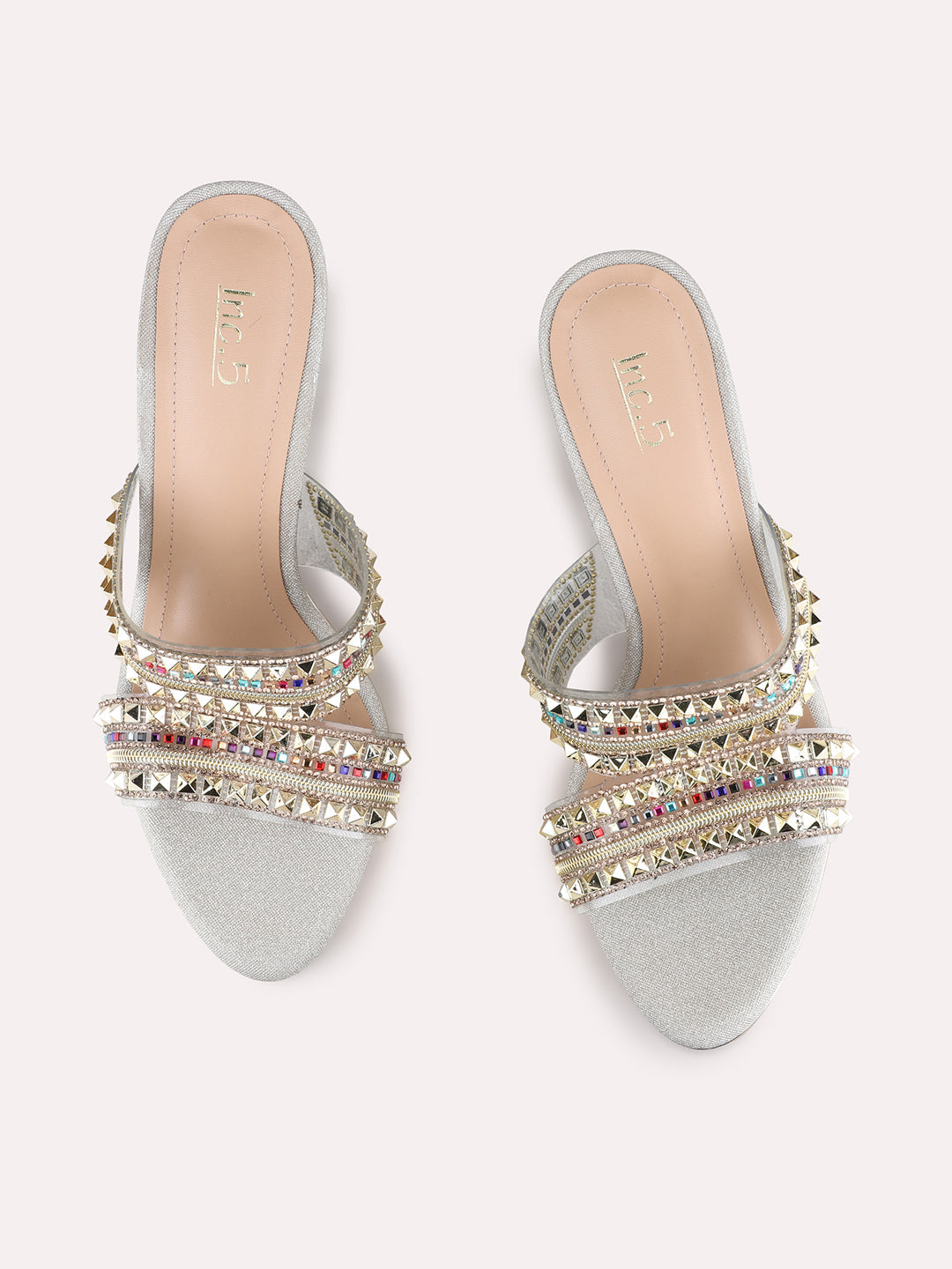 Womens Golden Ethnic Embellished Round Toe Stiletto Heel Sandals