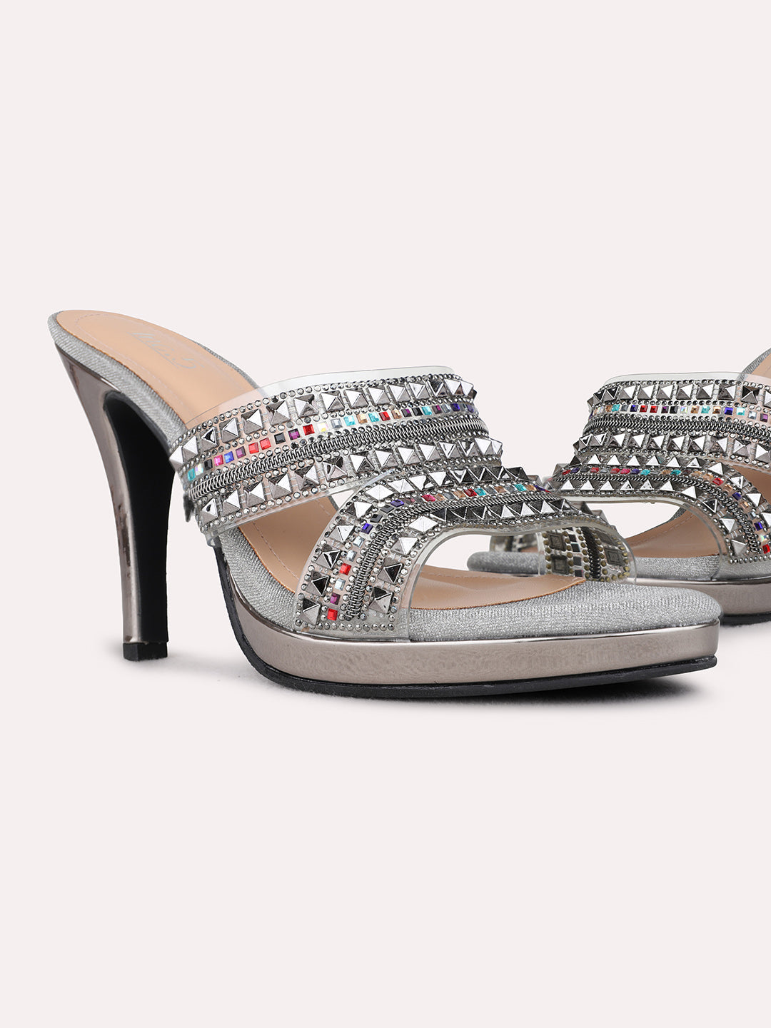 Womens Pewter Ethnic Embellished Round Toe Platform Heel Sandals