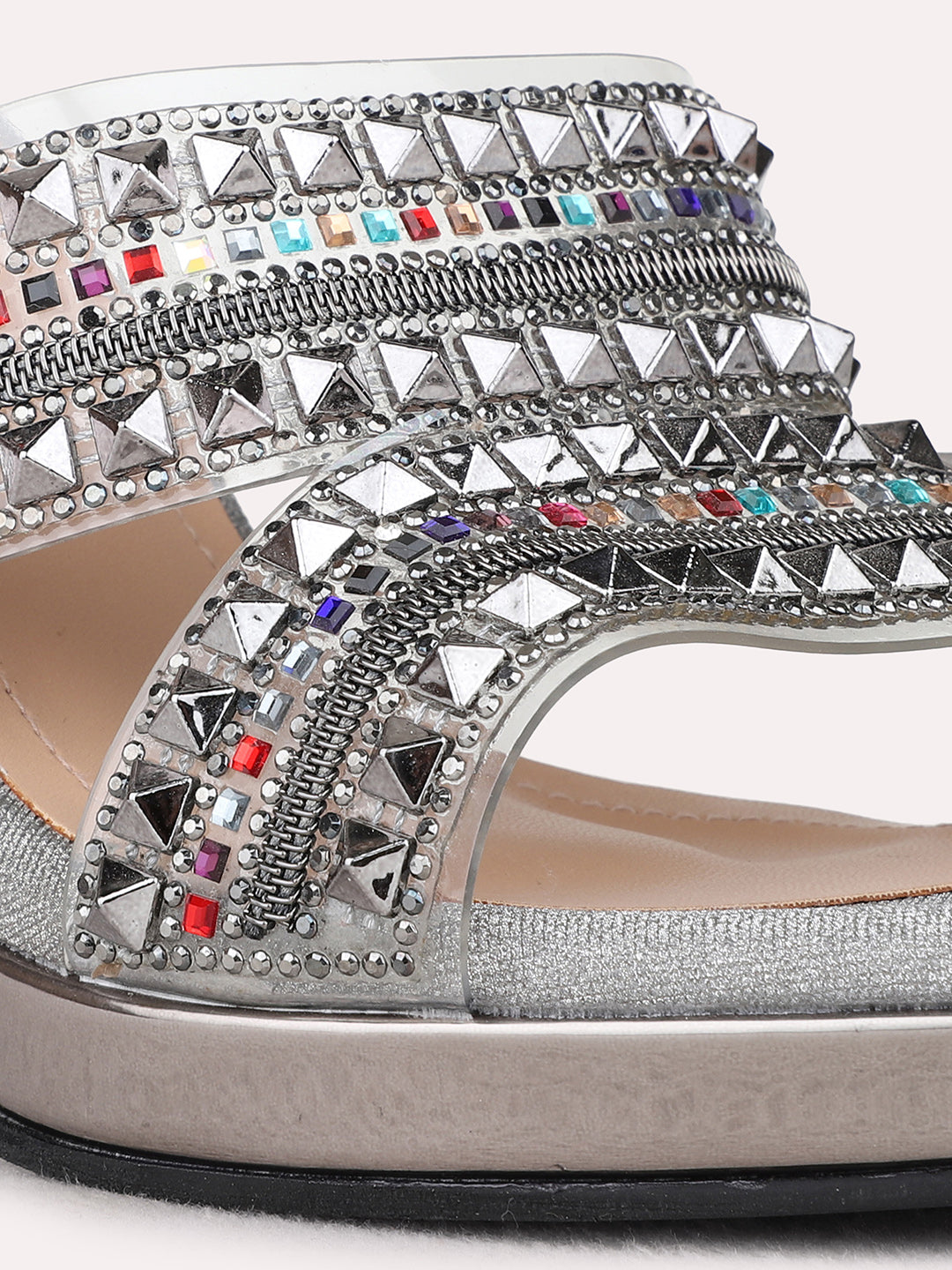 Womens Pewter Ethnic Embellished Round Toe Platform Heel Sandals