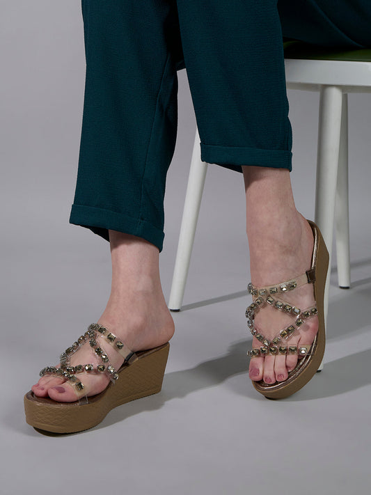 Womens Golden Ethnic Wear Embellished Round Toe Wedge Heels