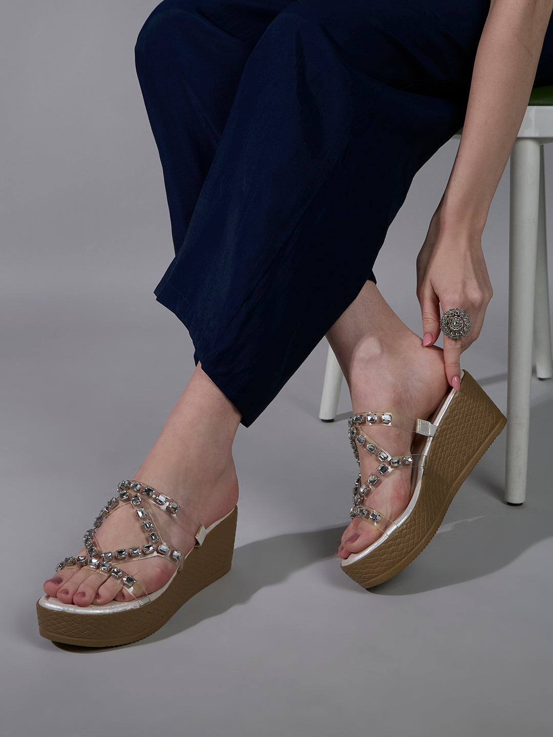 Womens Silver Ethnic Wear Embellished Round Toe Wedge Heel Sandals