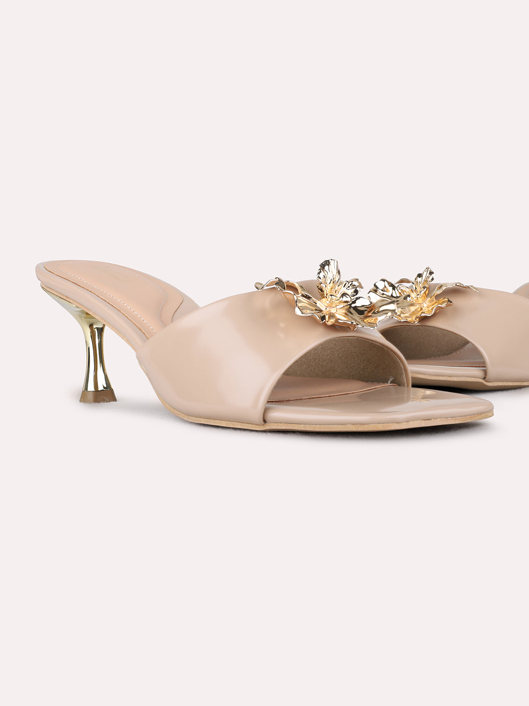 Womens Beige Party Wear Solid Pattern Square Toe Stiletto Heels