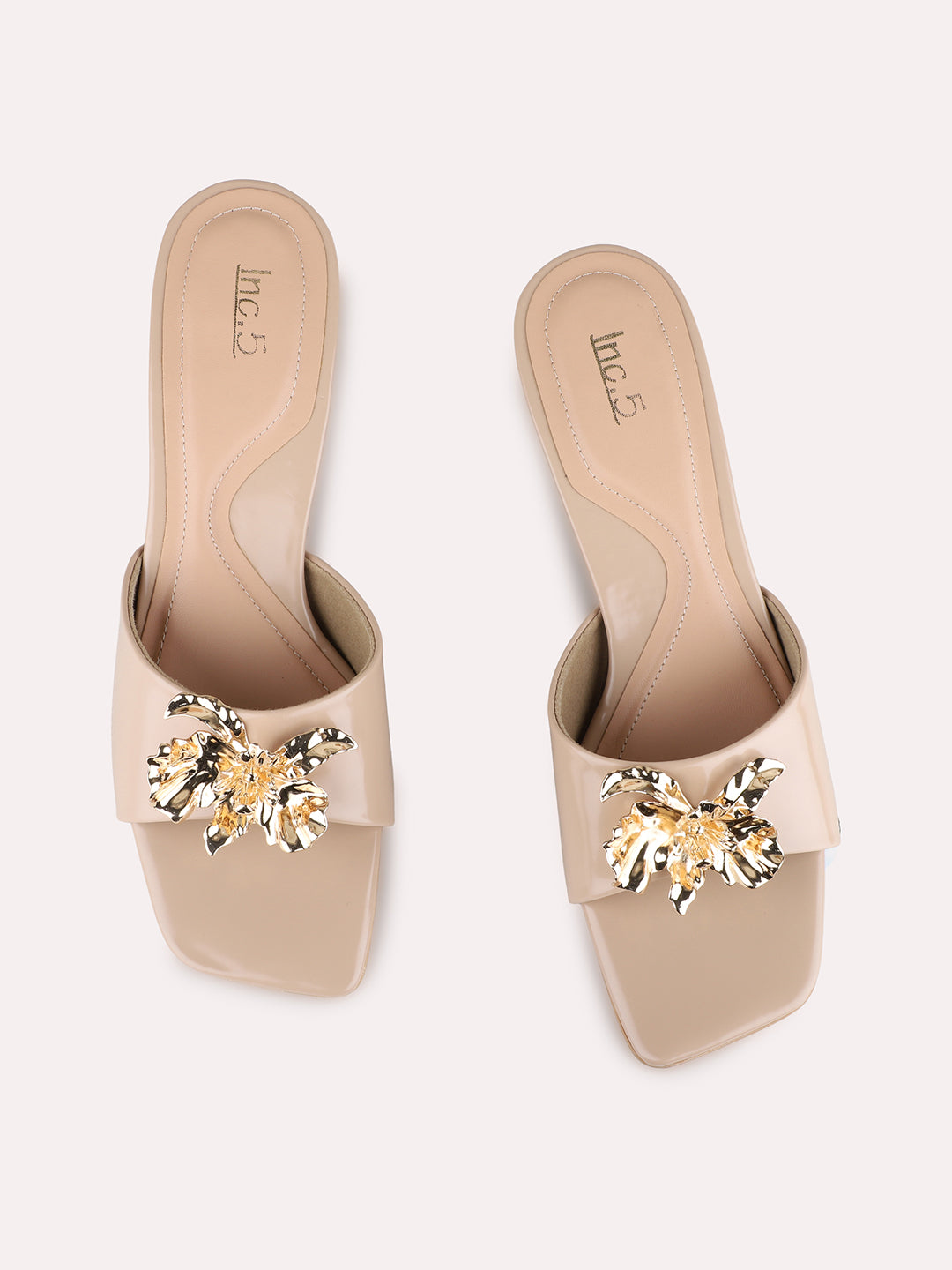 Womens Beige Party Wear Solid Pattern Square Toe Stiletto Heels