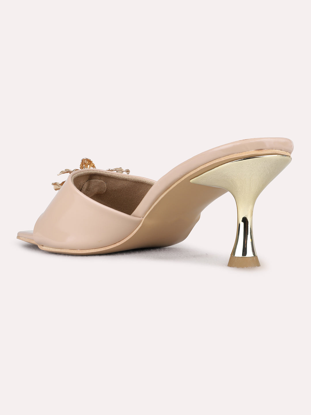 Womens Beige Party Wear Solid Pattern Square Toe Stiletto Heels