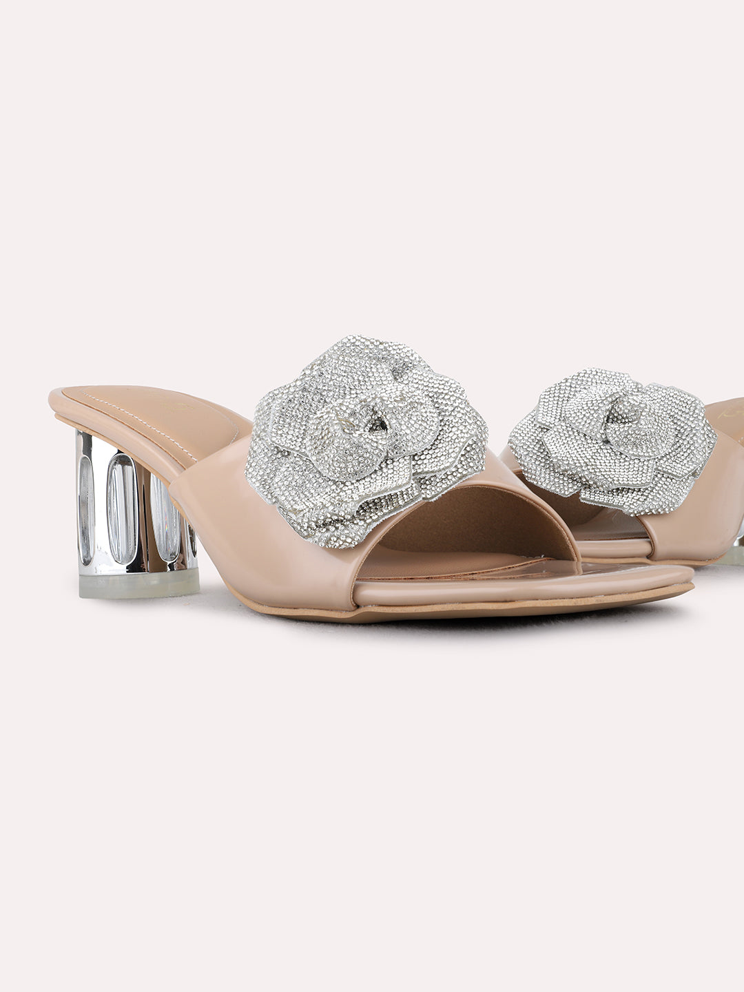 Womens Beige Party Wear Solid Square Toe Block Heels