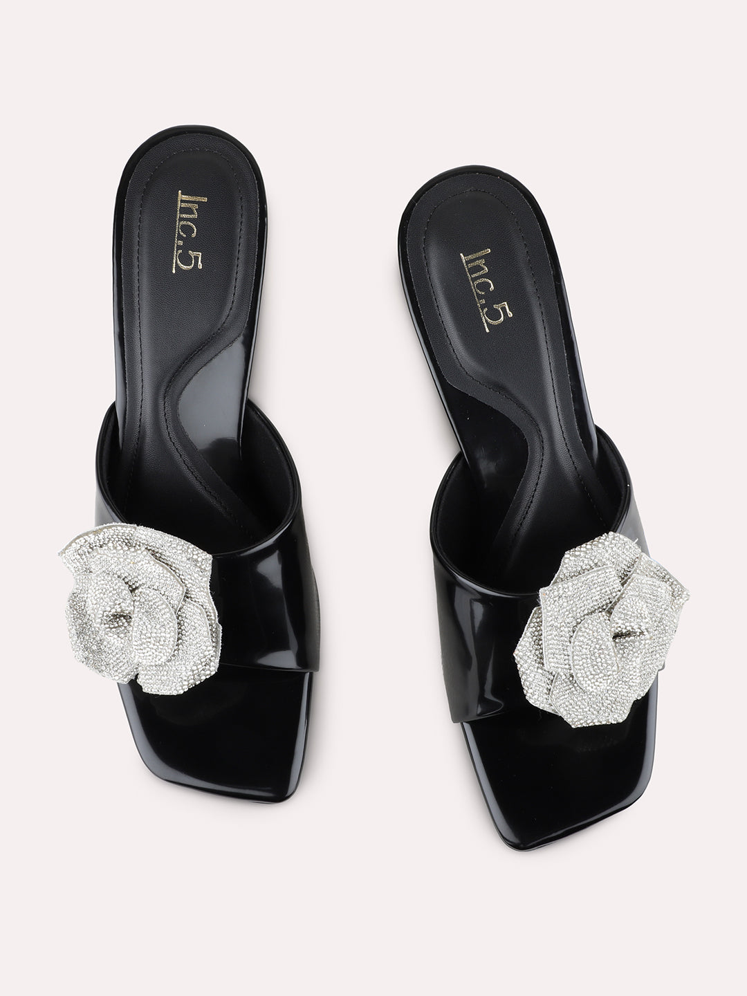 Womens Black Party Wear Solid Square Toe Block Heels