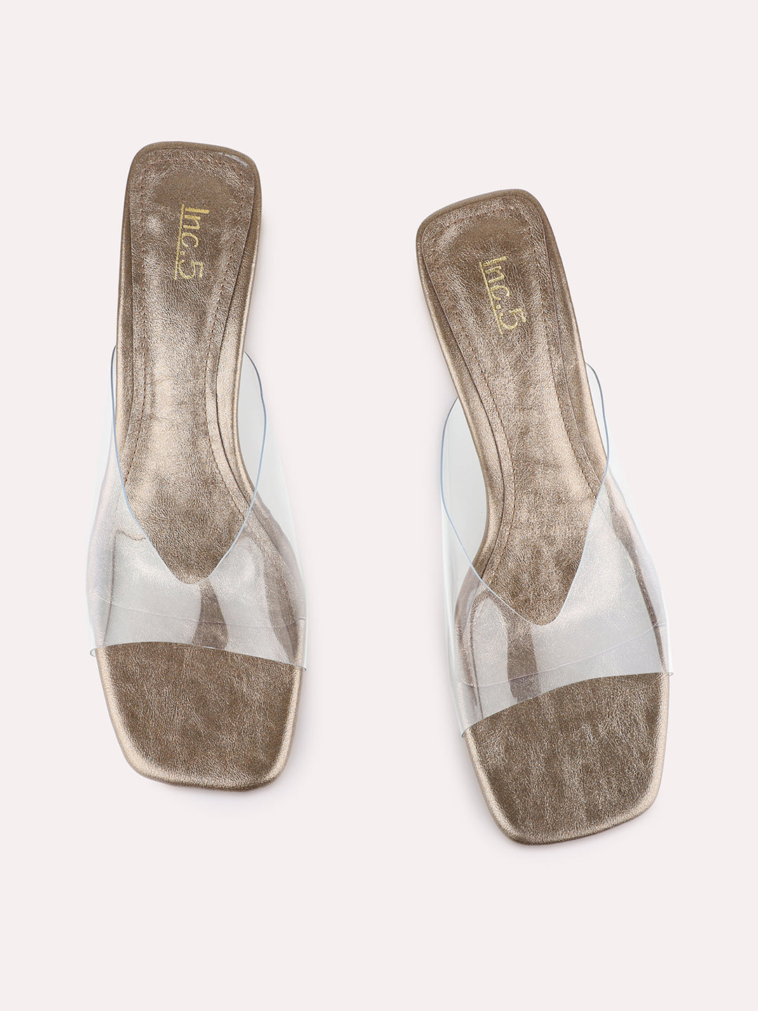 Womens Golden Party Wear Transparent Square Toe Block Heels