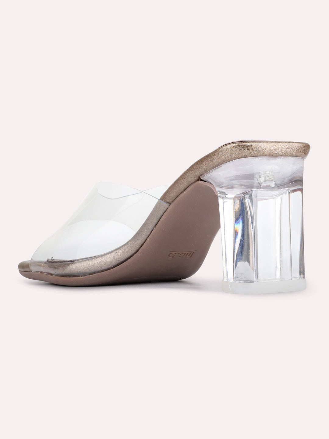 Womens Golden Party Wear Transparent Square Toe Block Heels