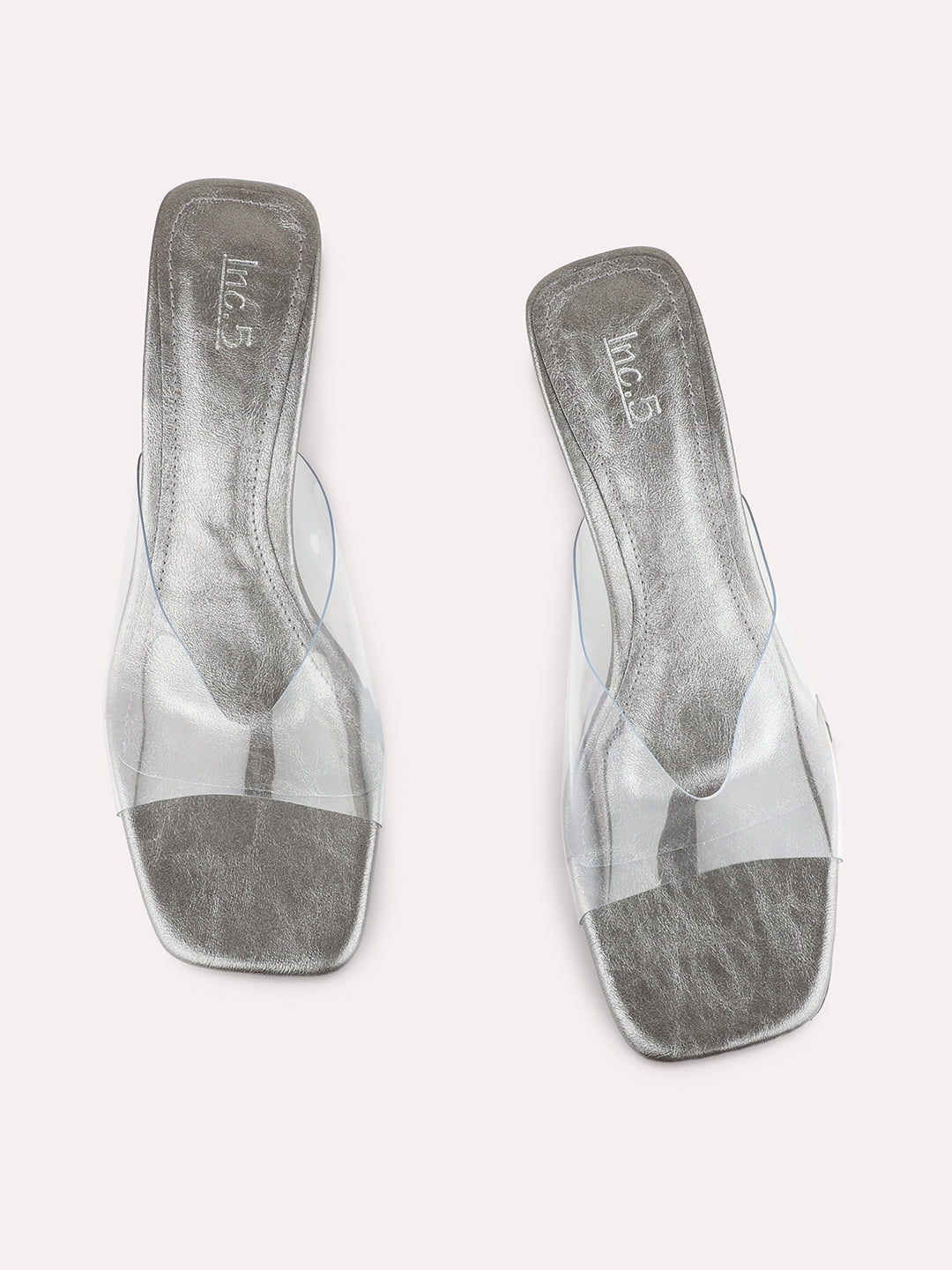 Womens Pewter Party Wear Transparent Square Toe Block Heels