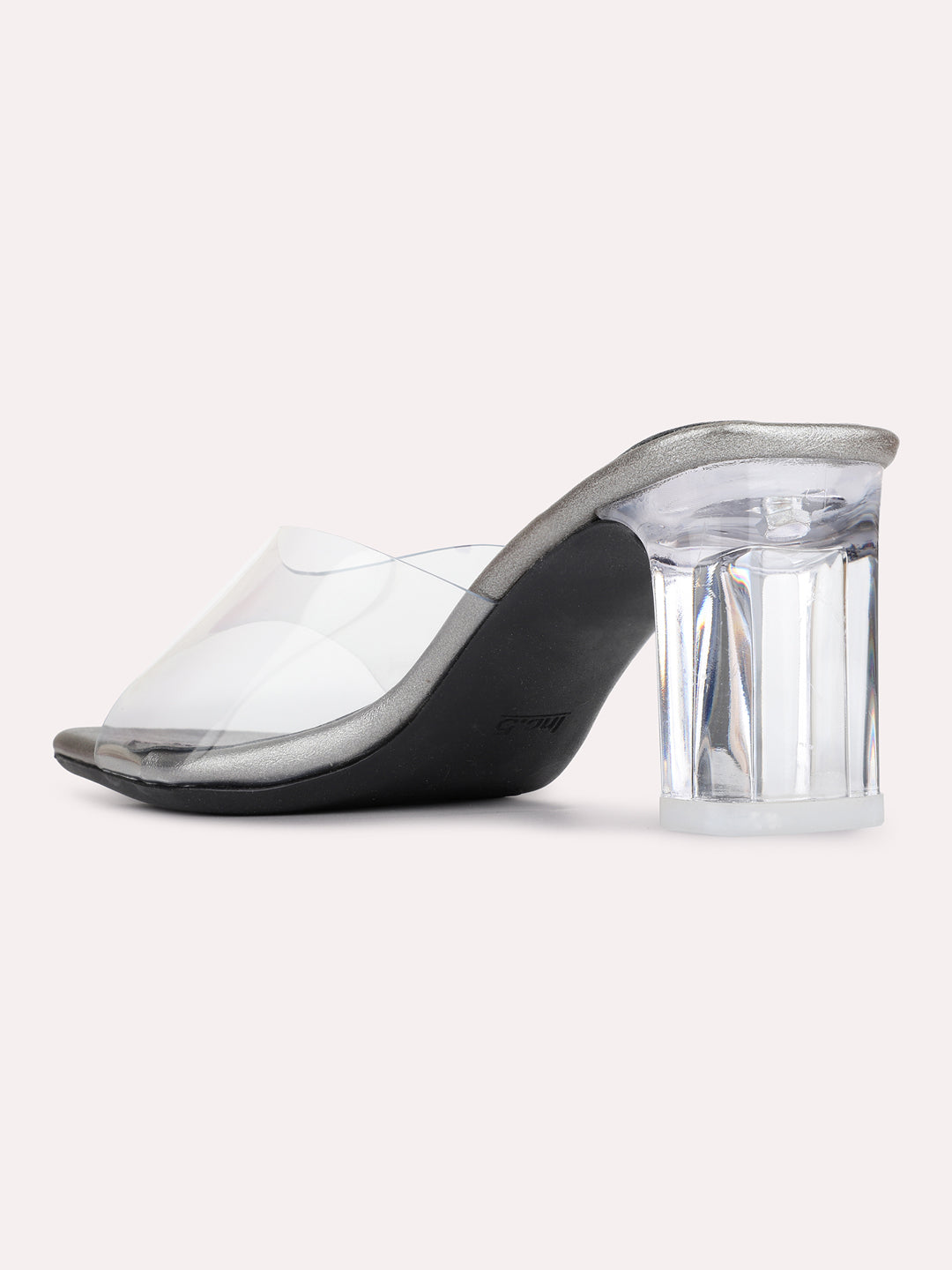 Womens Pewter Party Wear Transparent Square Toe Block Heels