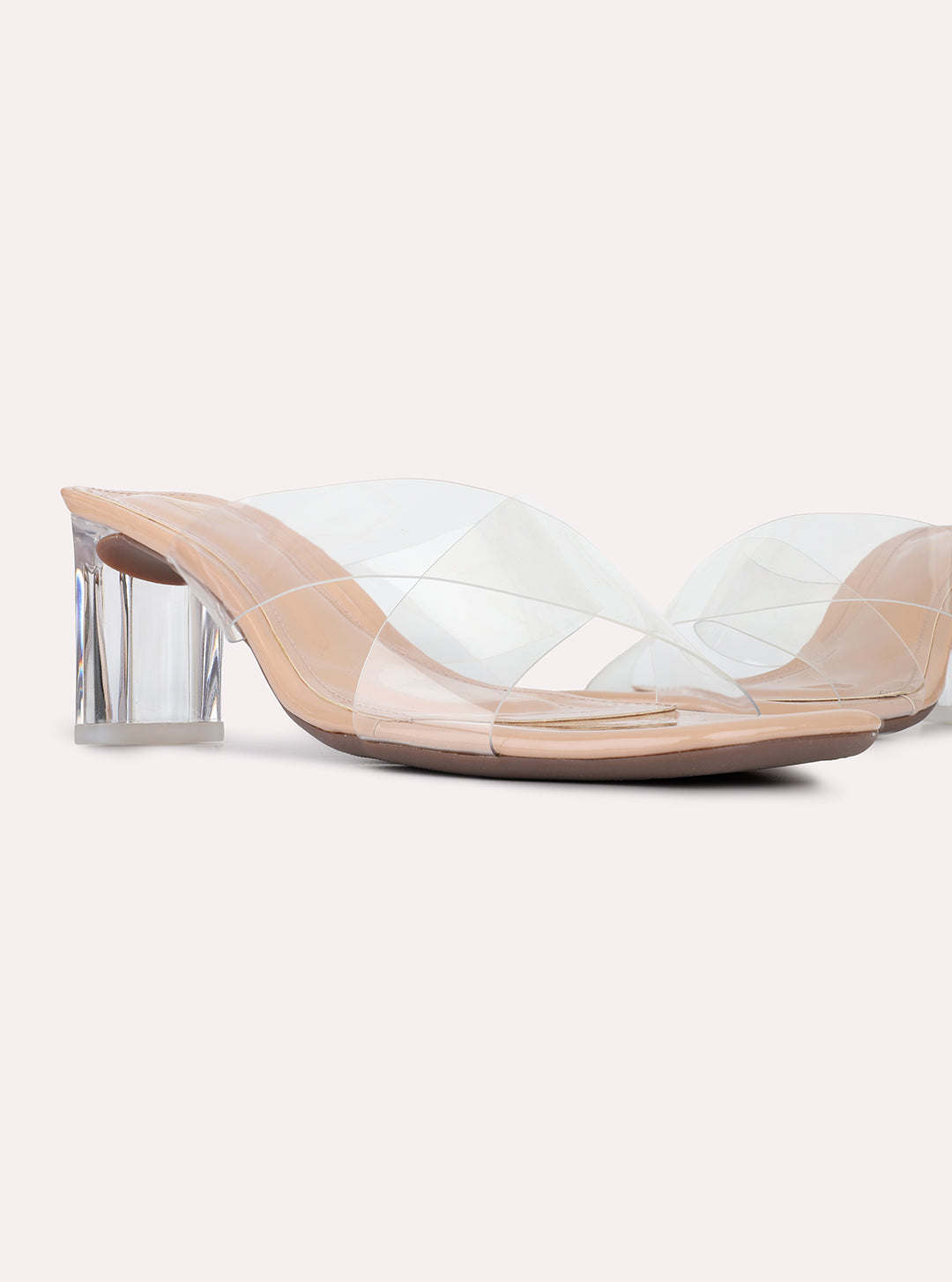 Womens Beige Party Wear Transparent Square Toe Block Heels