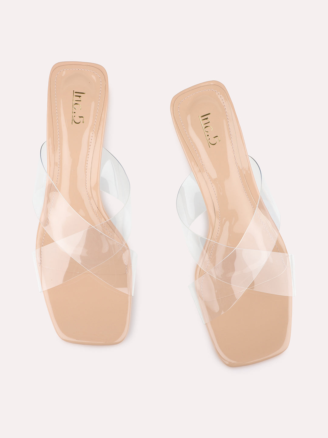 Womens Beige Party Wear Transparent Square Toe Block Heels