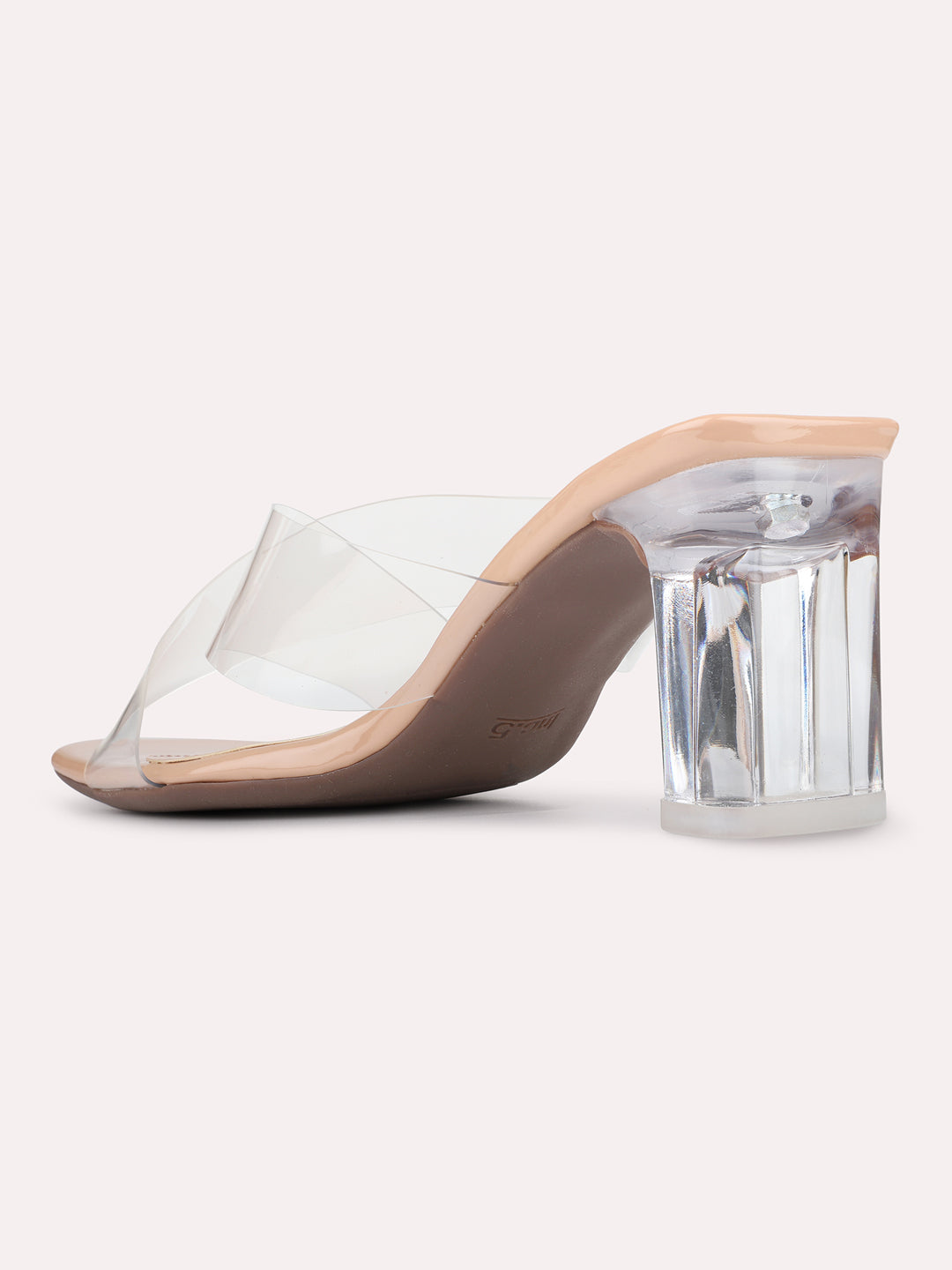 Womens Beige Party Wear Transparent Square Toe Block Heels