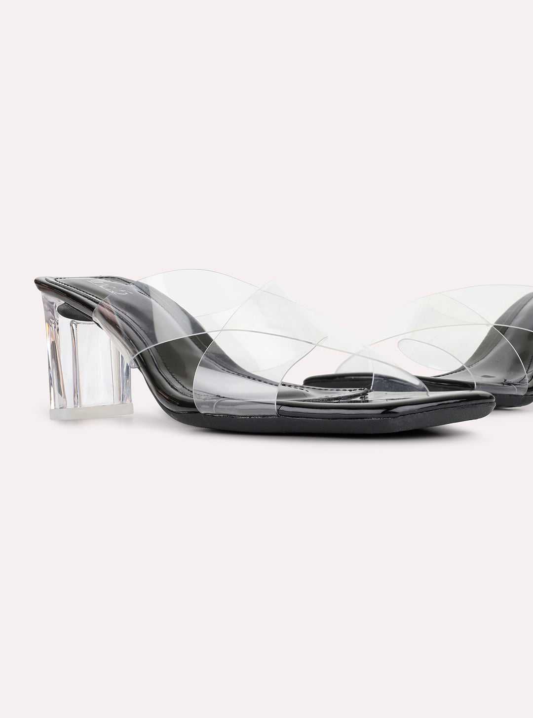 Womens Black Party Wear Transparent Square Toe Block Heels