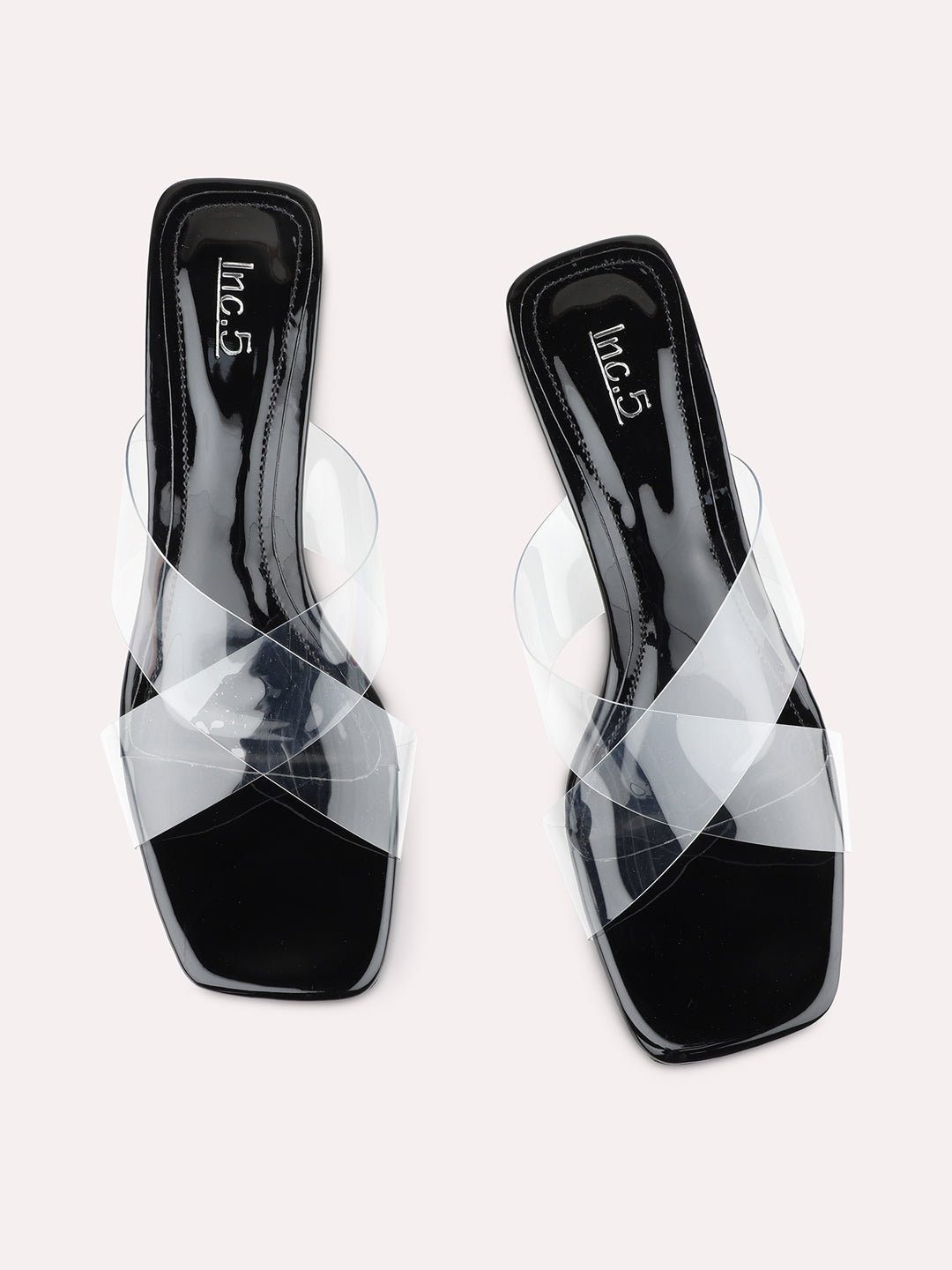 Womens Black Party Wear Transparent Square Toe Block Heels