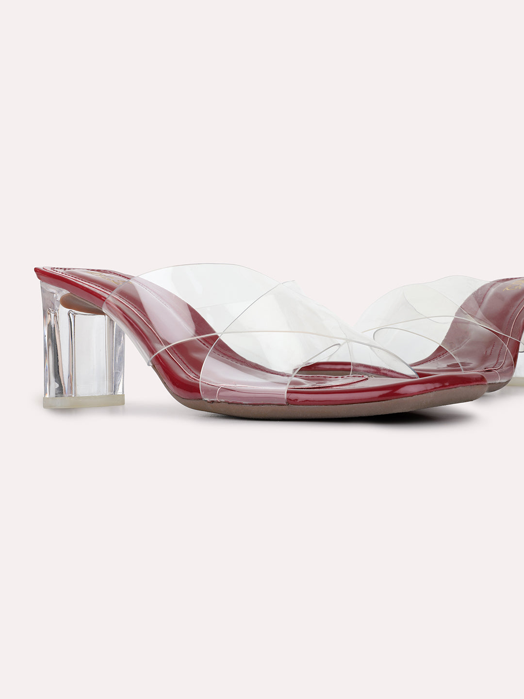 Womens Maroon Party Wear Transparent Square Toe Block Heels