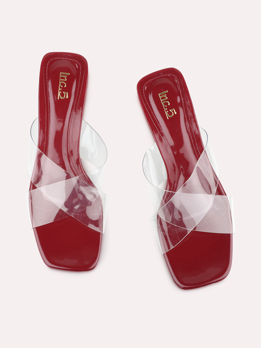 Womens Maroon Party Wear Transparent Square Toe Block Heels