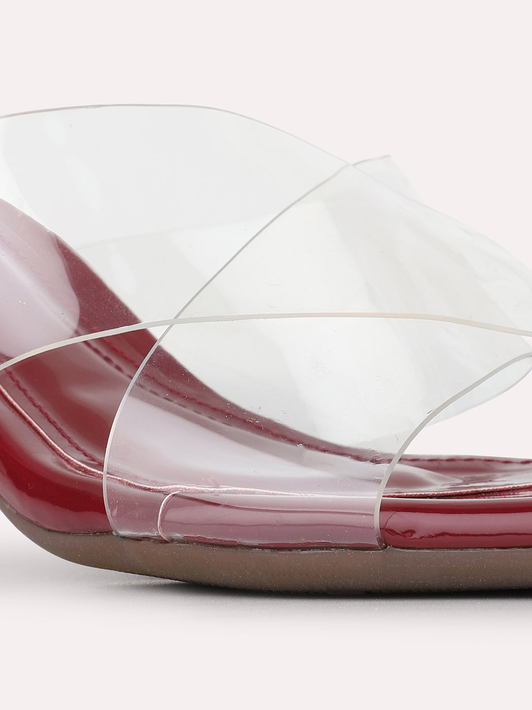 Womens Maroon Party Wear Transparent Square Toe Block Heels