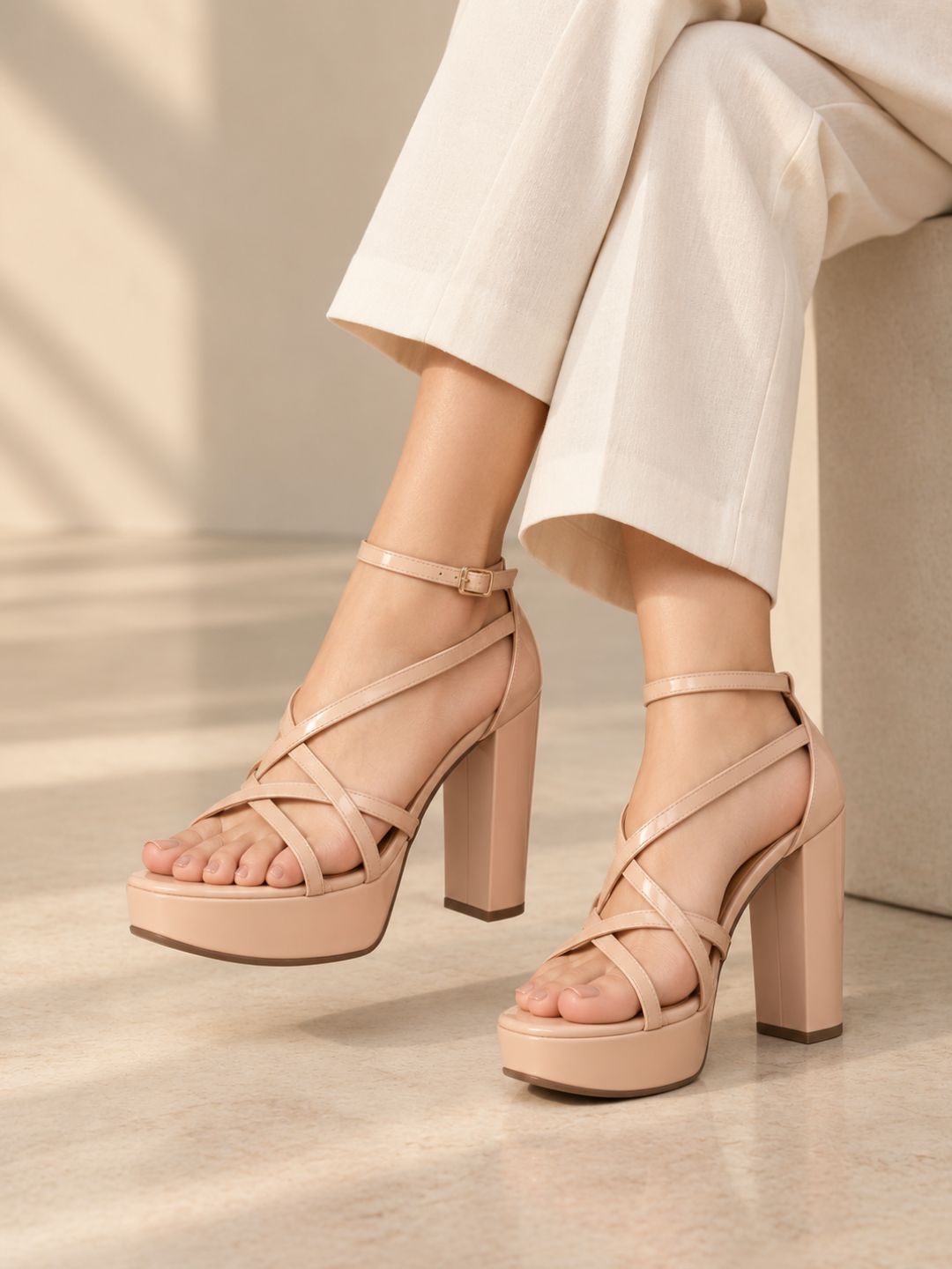Womens Nude Party Wear Striped Round Toe Platform Heels