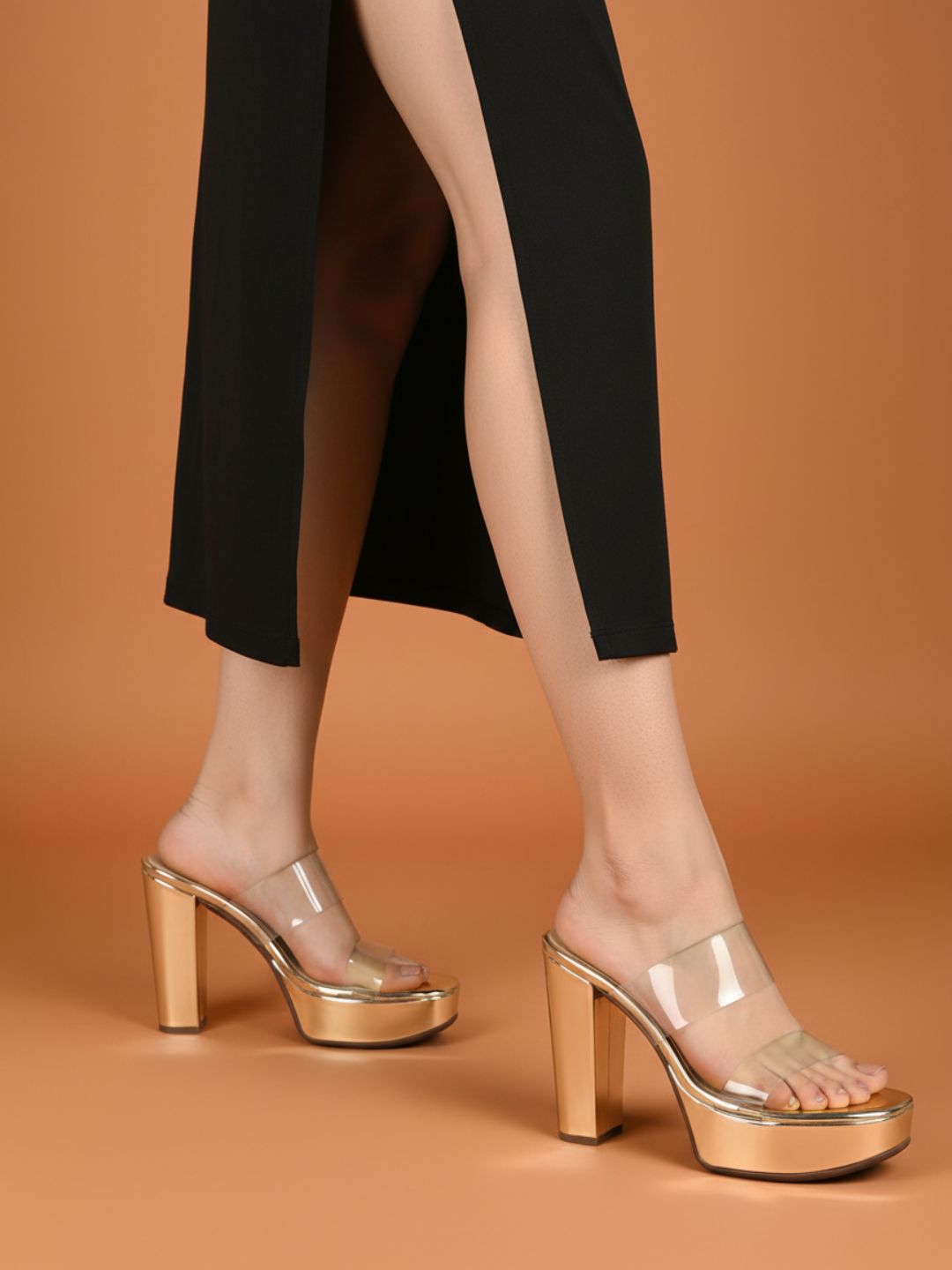 Womens Golden Party Wear Transparent Round Toe Platform Heels