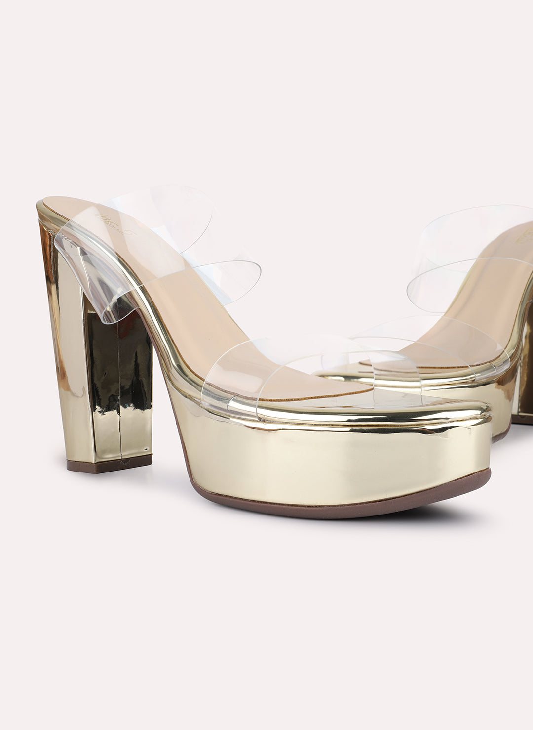 Womens Golden Party Wear Transparent Round Toe Platform Heels