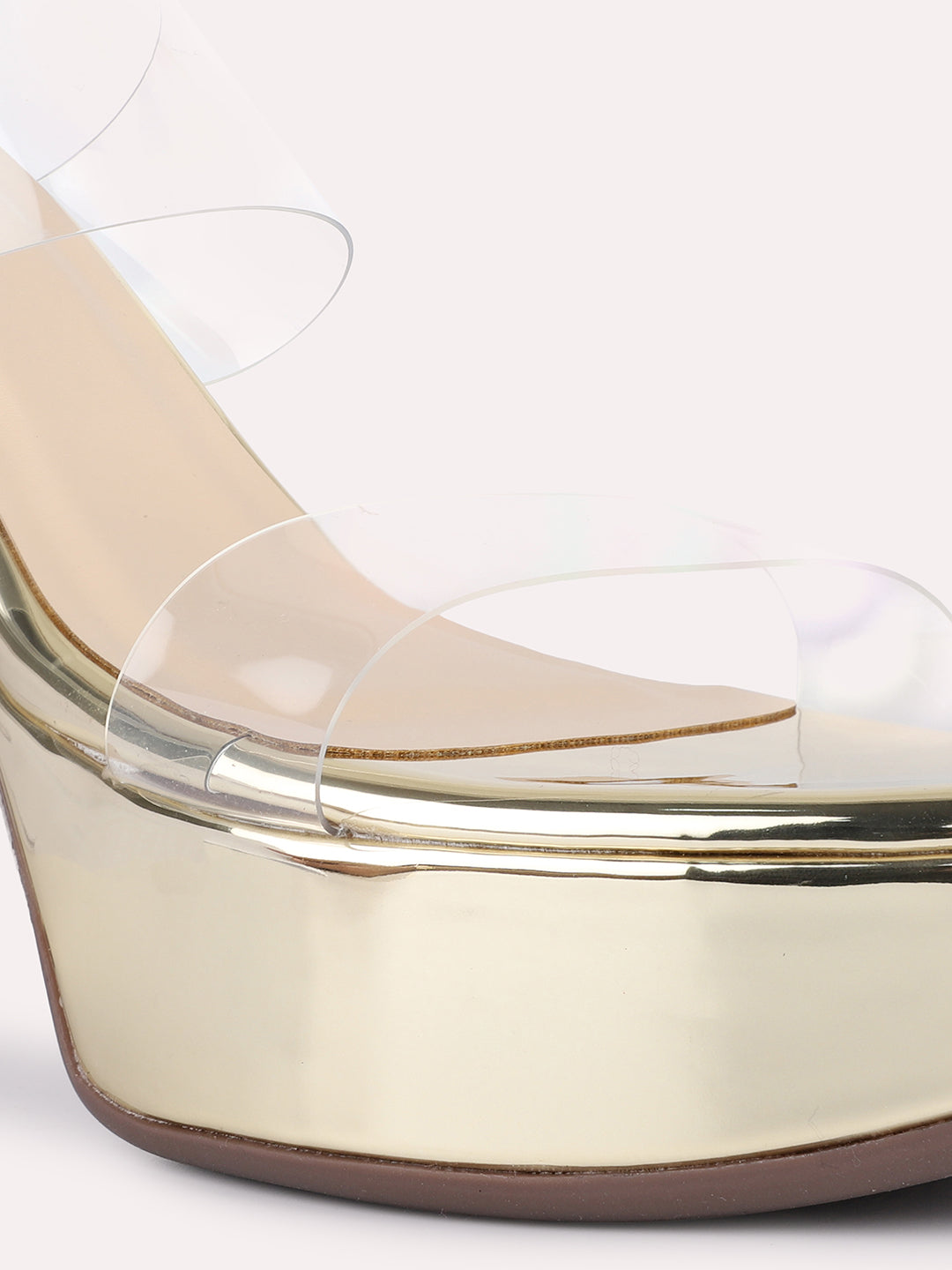 Womens Golden Party Wear Transparent Round Toe Platform Heels