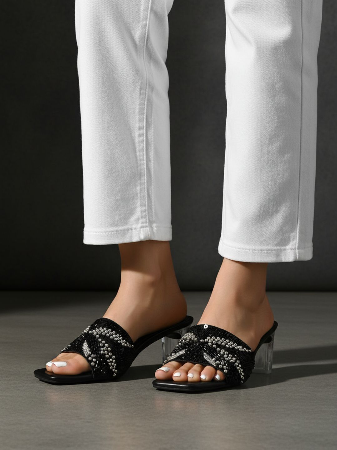 Womens Black Party Wear Embellished Square Toe Block Heels