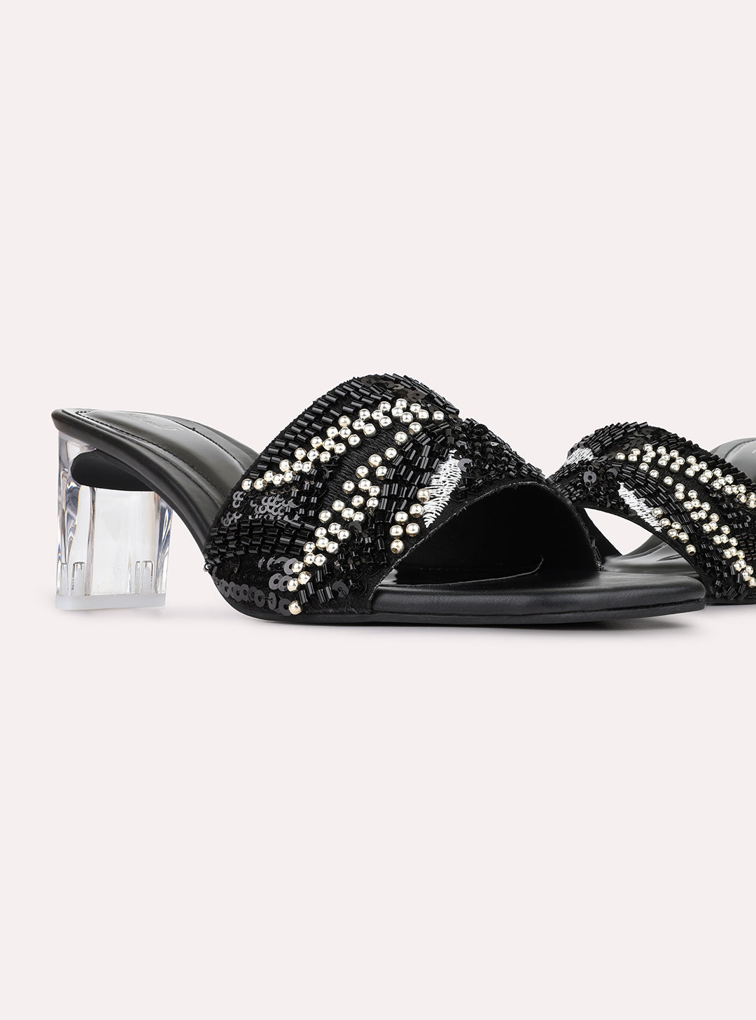 Womens Black Party Wear Embellished Square Toe Block Heels