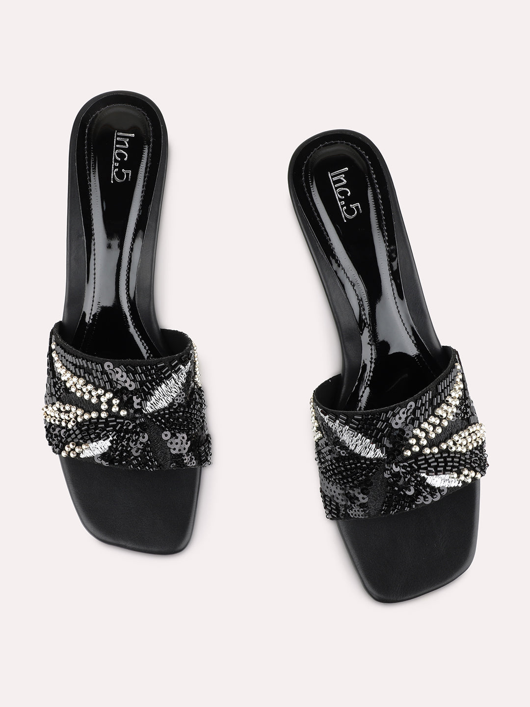 Womens Black Party Wear Embellished Square Toe Block Heels