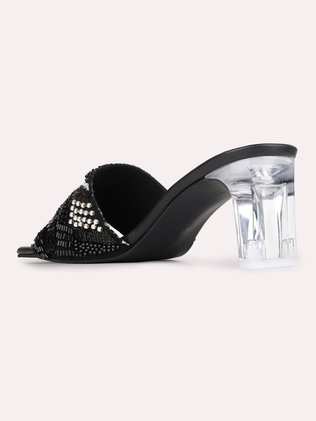 Womens Black Party Wear Embellished Square Toe Block Heels