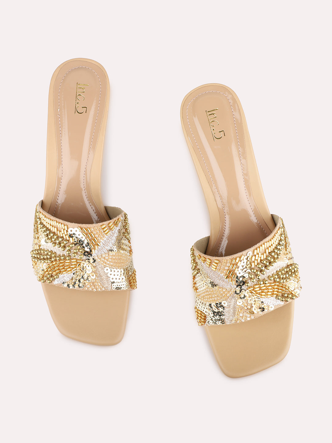 Womens Golden Party Wear Embellished Pattern Square Toe Block Heels