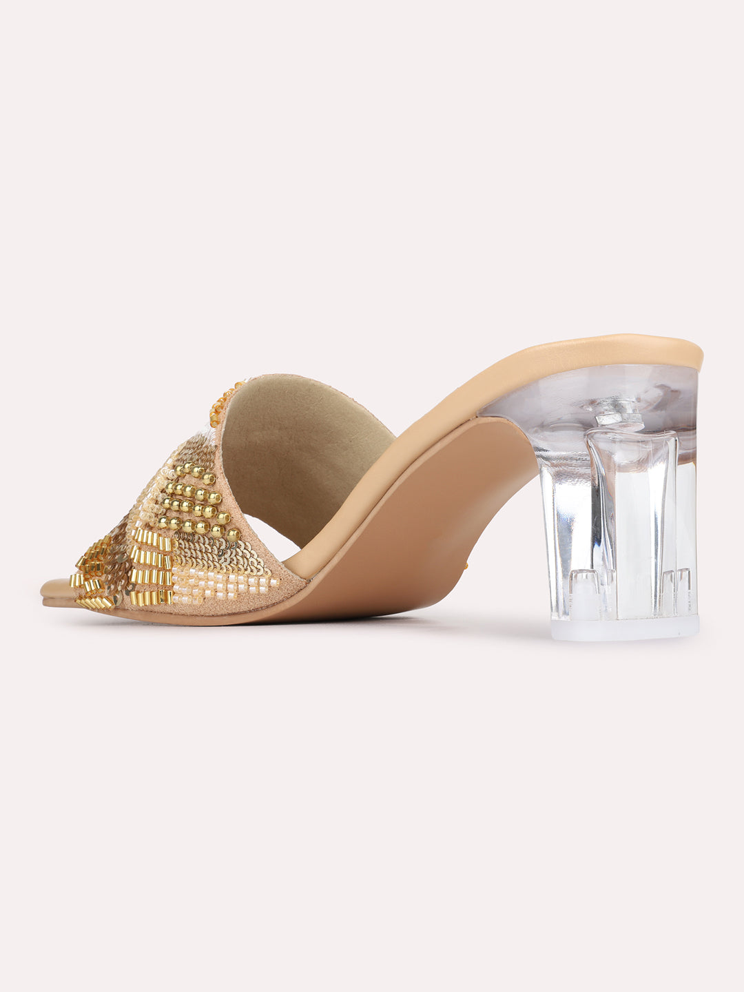 Womens Golden Party Wear Embellished Pattern Square Toe Block Heels