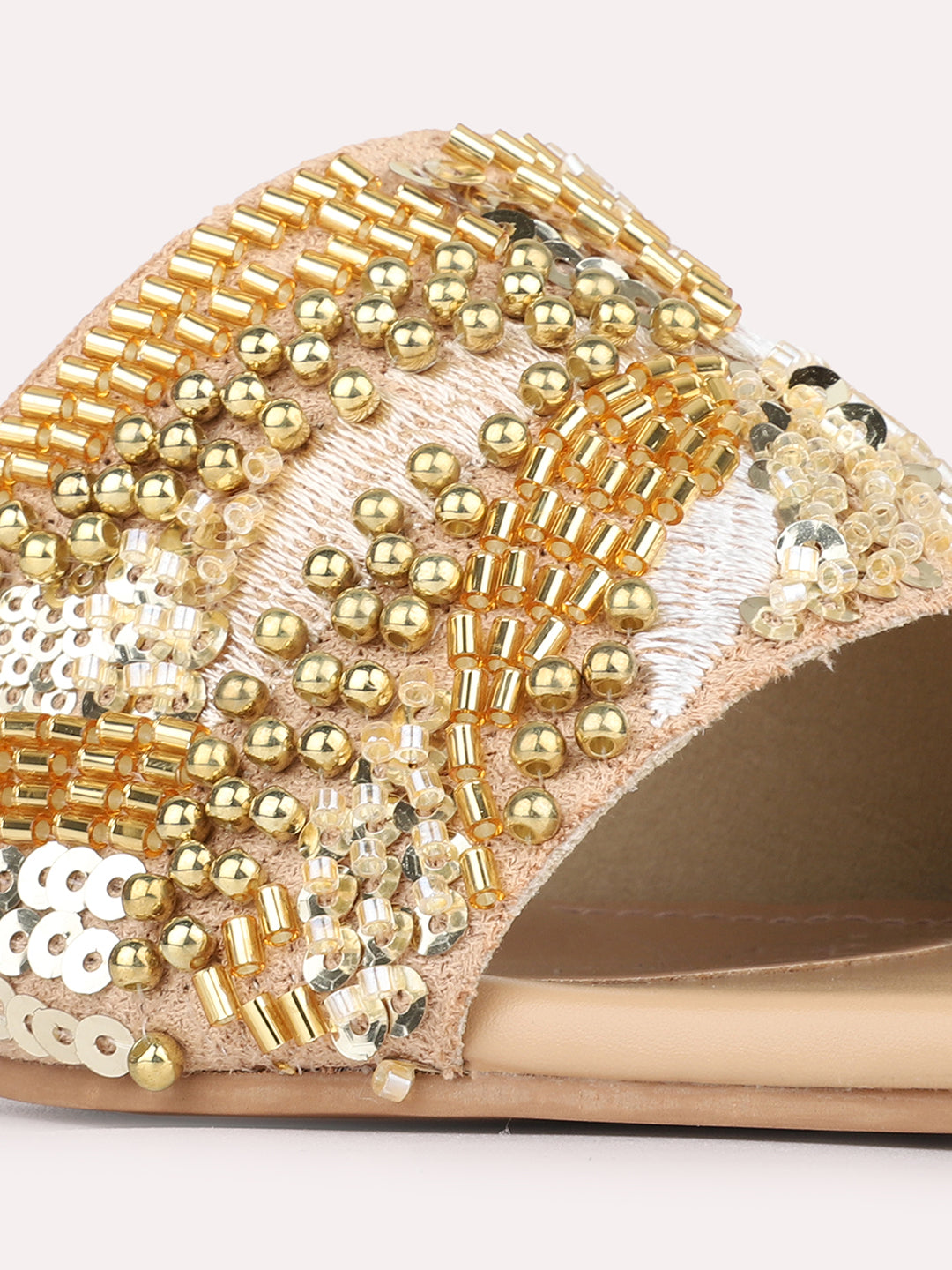 Womens Golden Party Wear Embellished Pattern Square Toe Block Heels