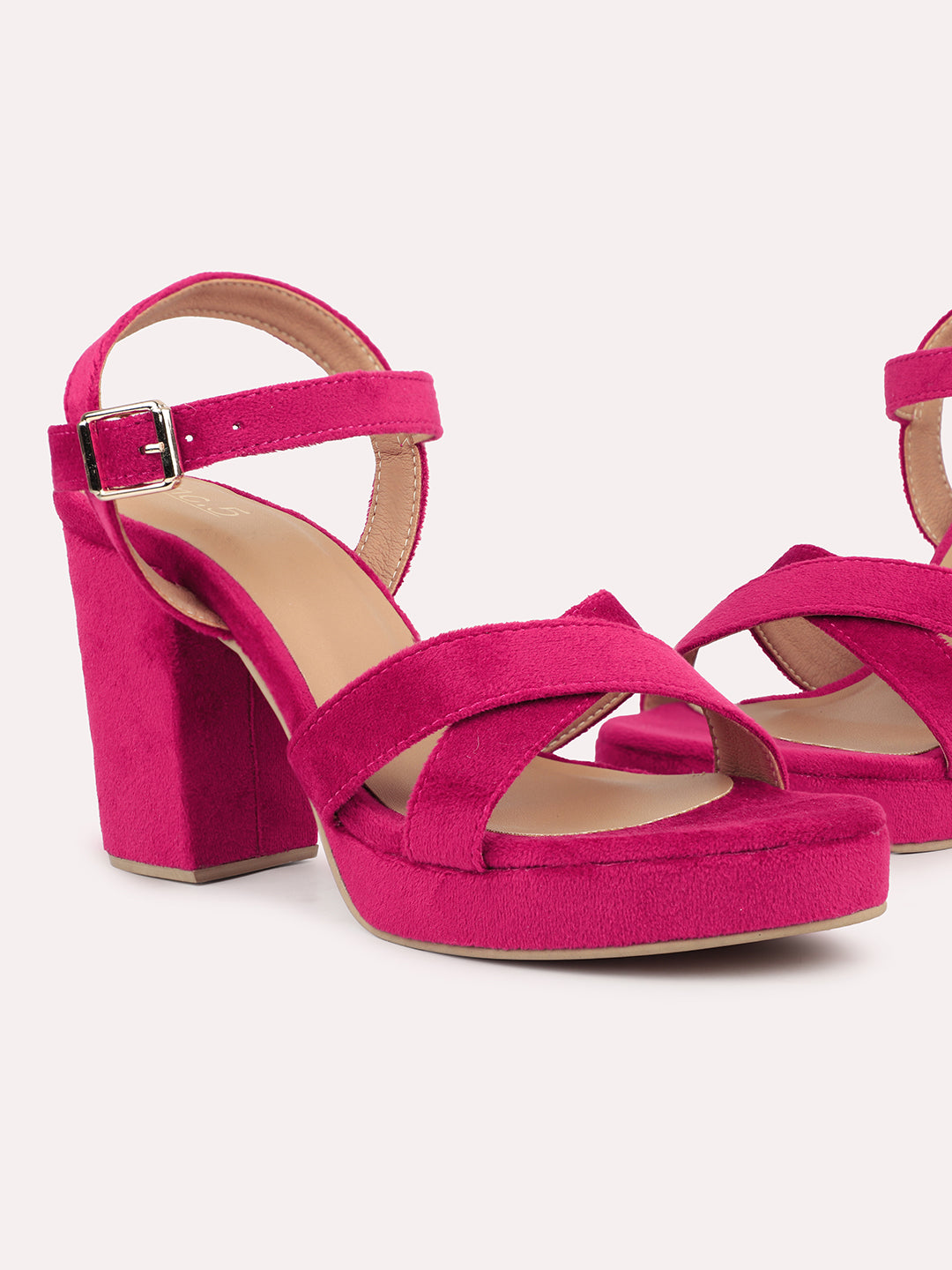 Women Pink Criss-Cross Strap Platform Heels With Buckle Closure