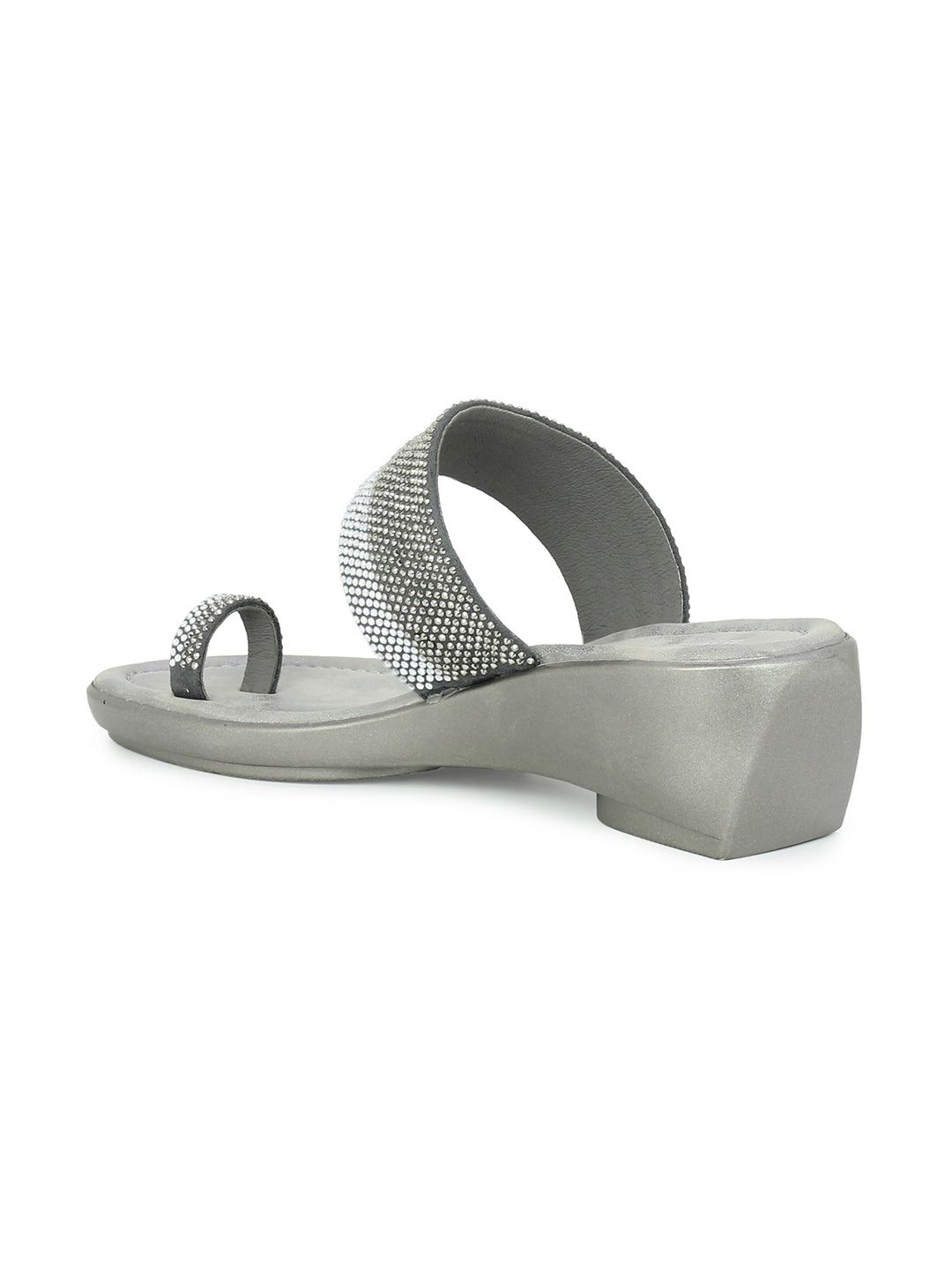 Women Gun Metal Ethnic Embellished One Toe Wedges