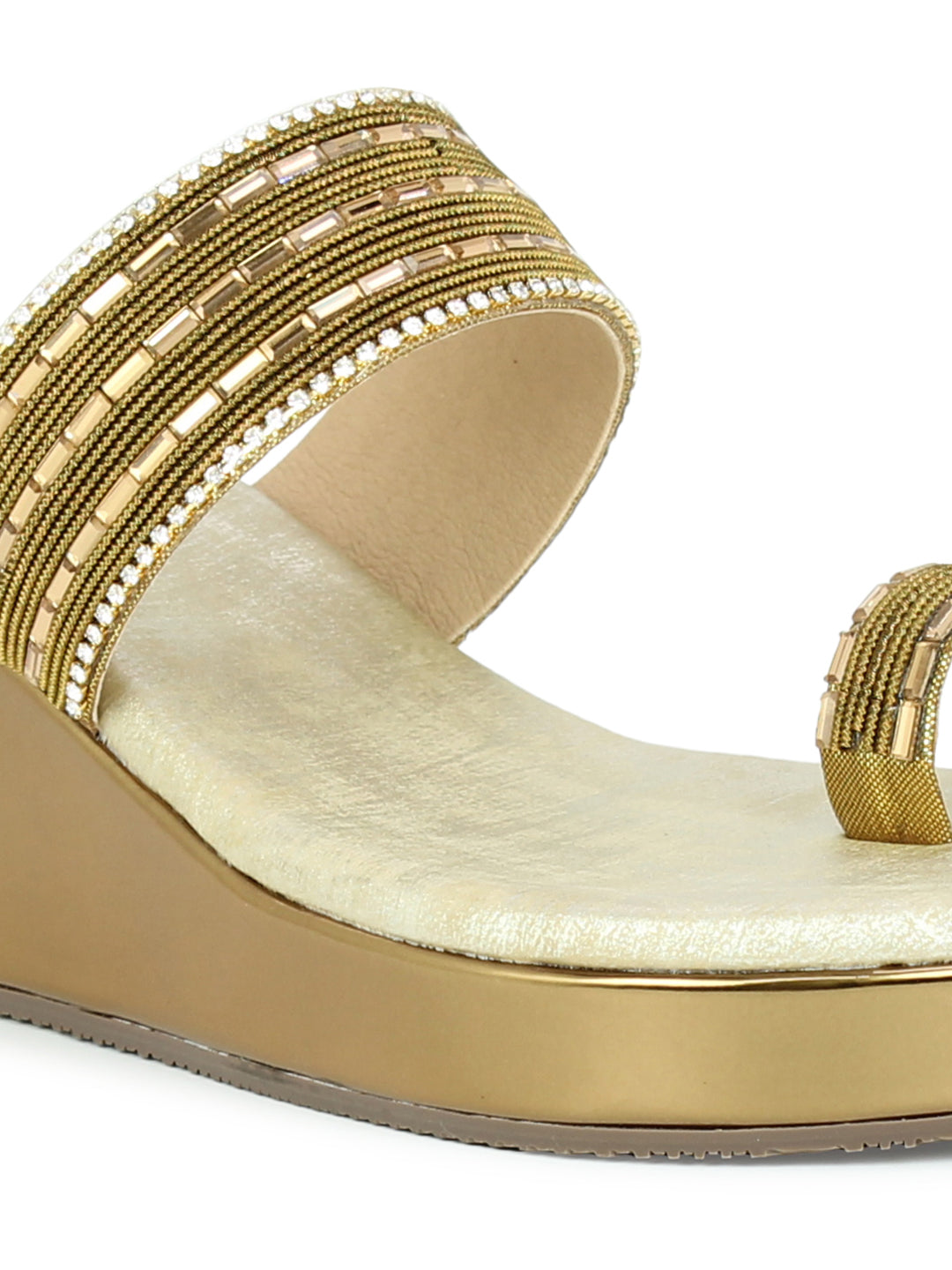 Women Ant Gold Ethnic Embellished One Toe Wedges
