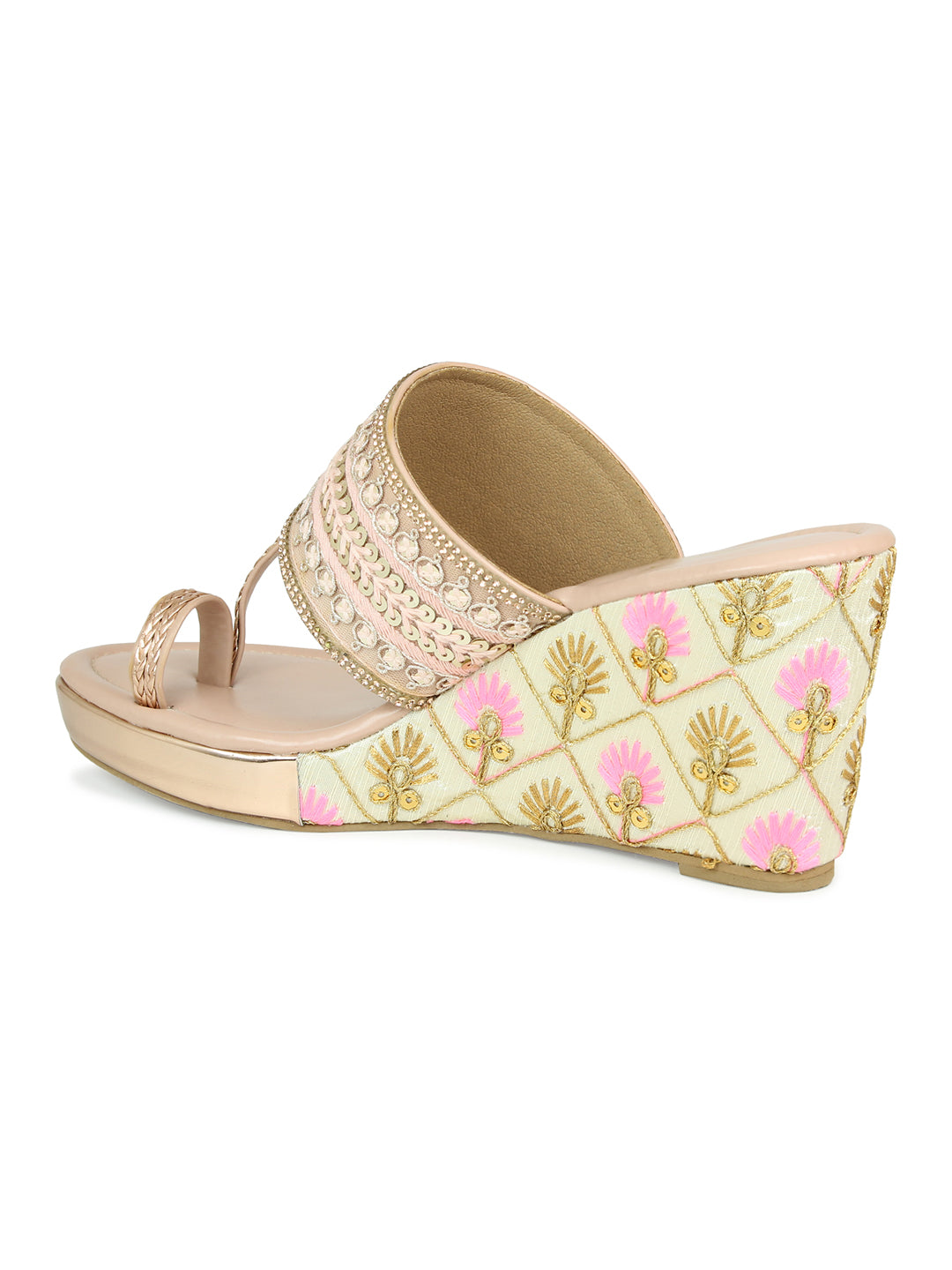 Women Peach Embellished Ethnic Wedge Sandals