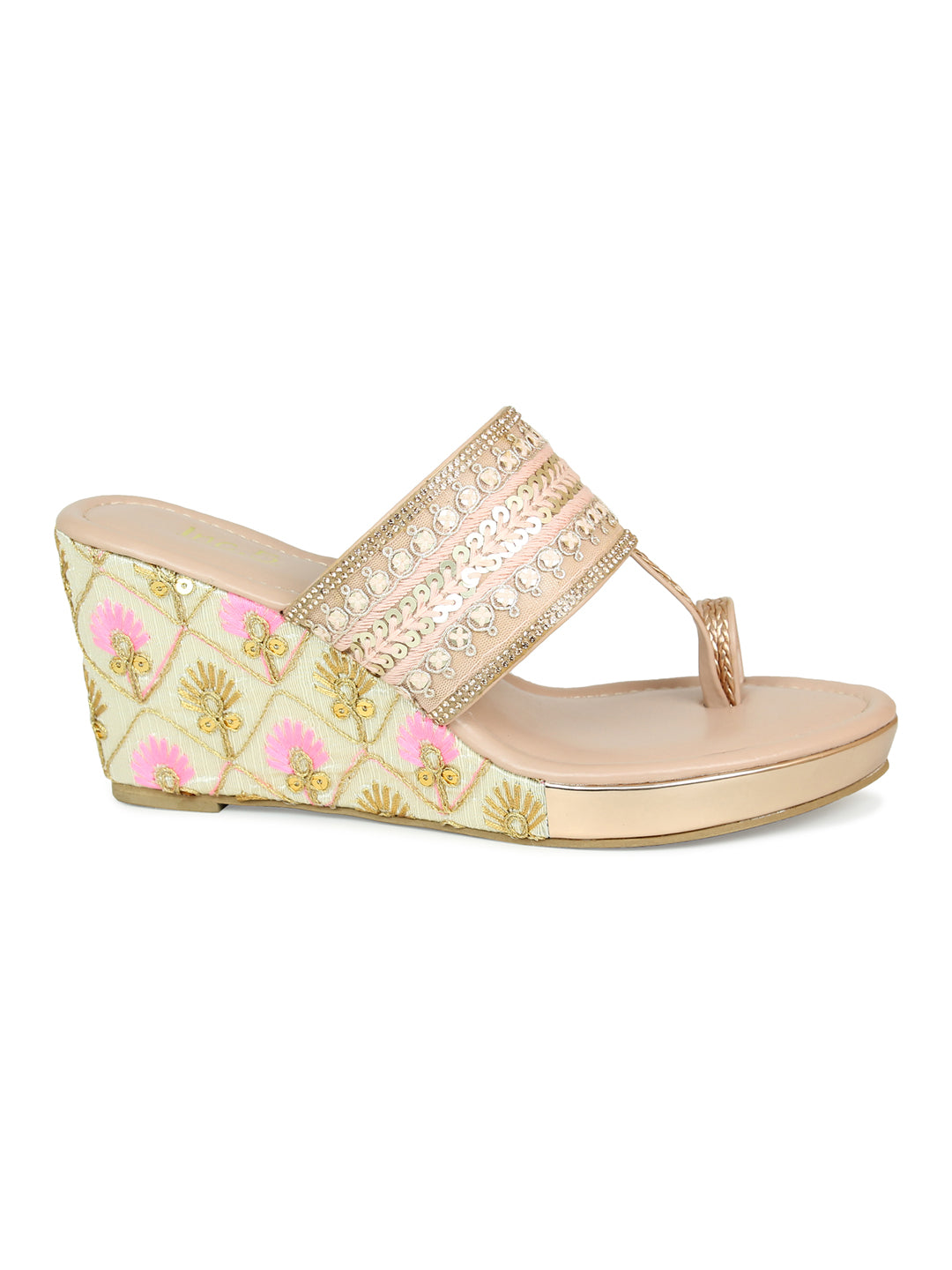 Women Peach Embellished Ethnic Wedge Sandals