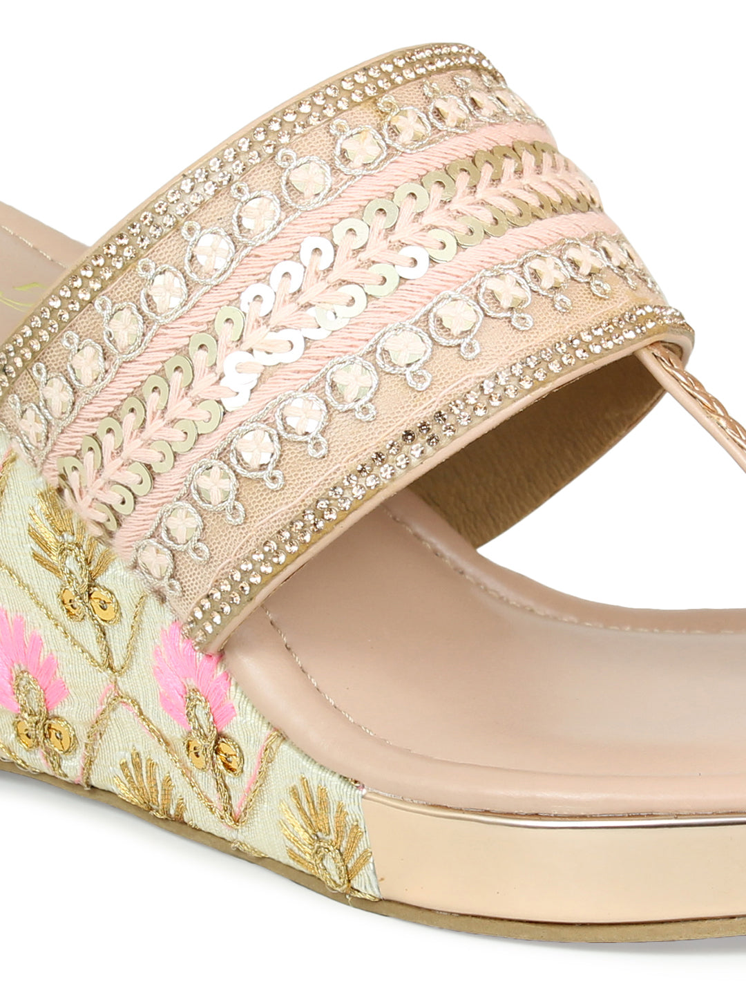 Women Peach Embellished Ethnic Wedge Sandals