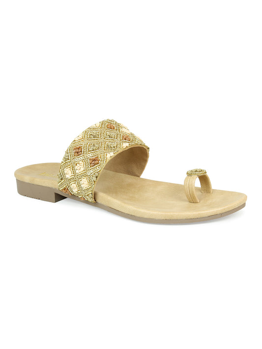 Women Beige Embellished One Toe Flats with Braided Detail