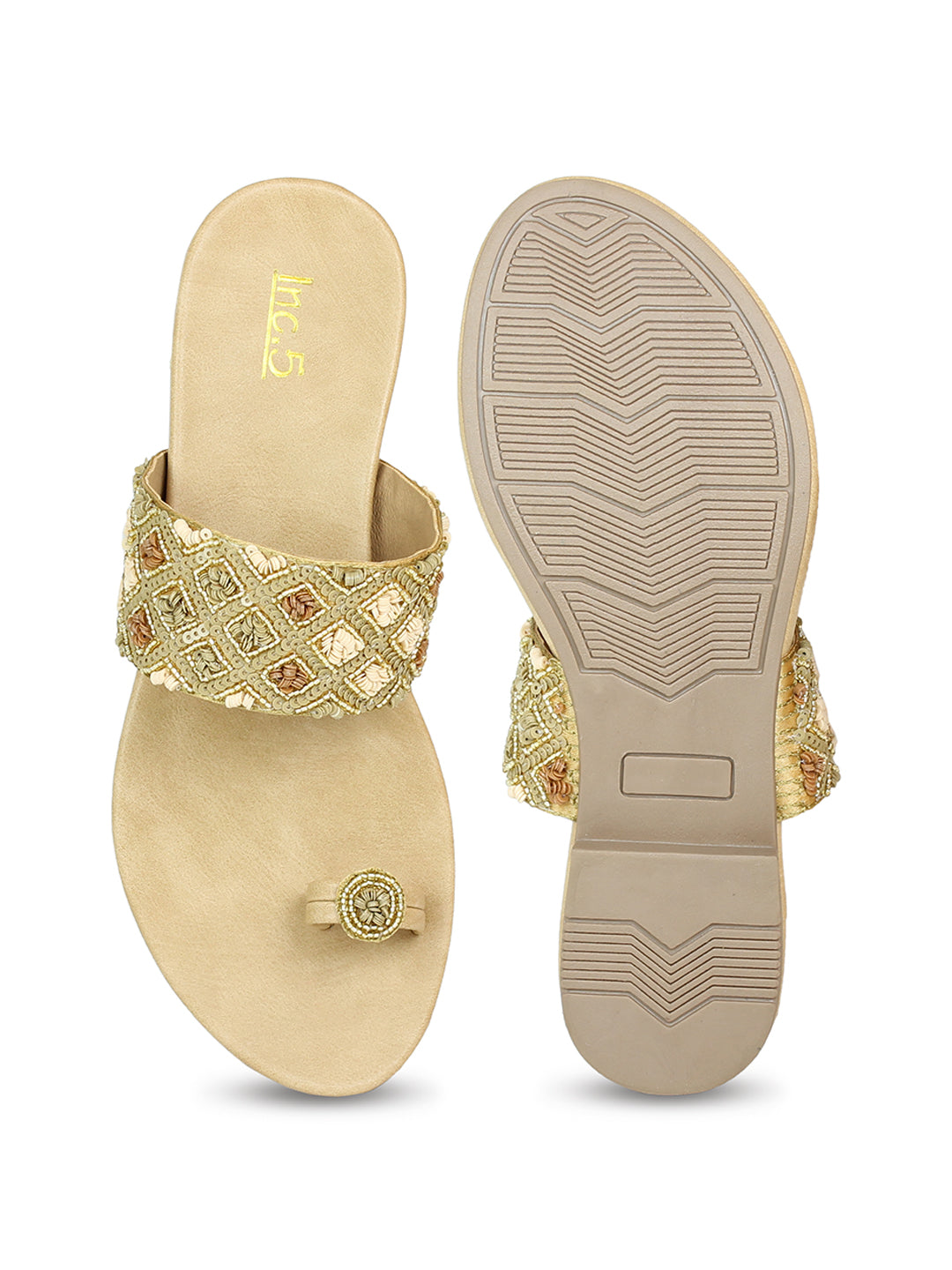 Women Beige Embellished One Toe Flats with Braided Detail