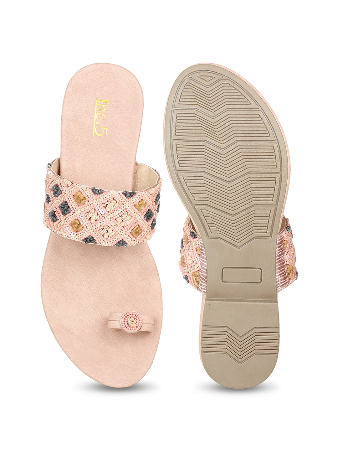 Women Peach Embellished One Toe Flats with Braided Detail