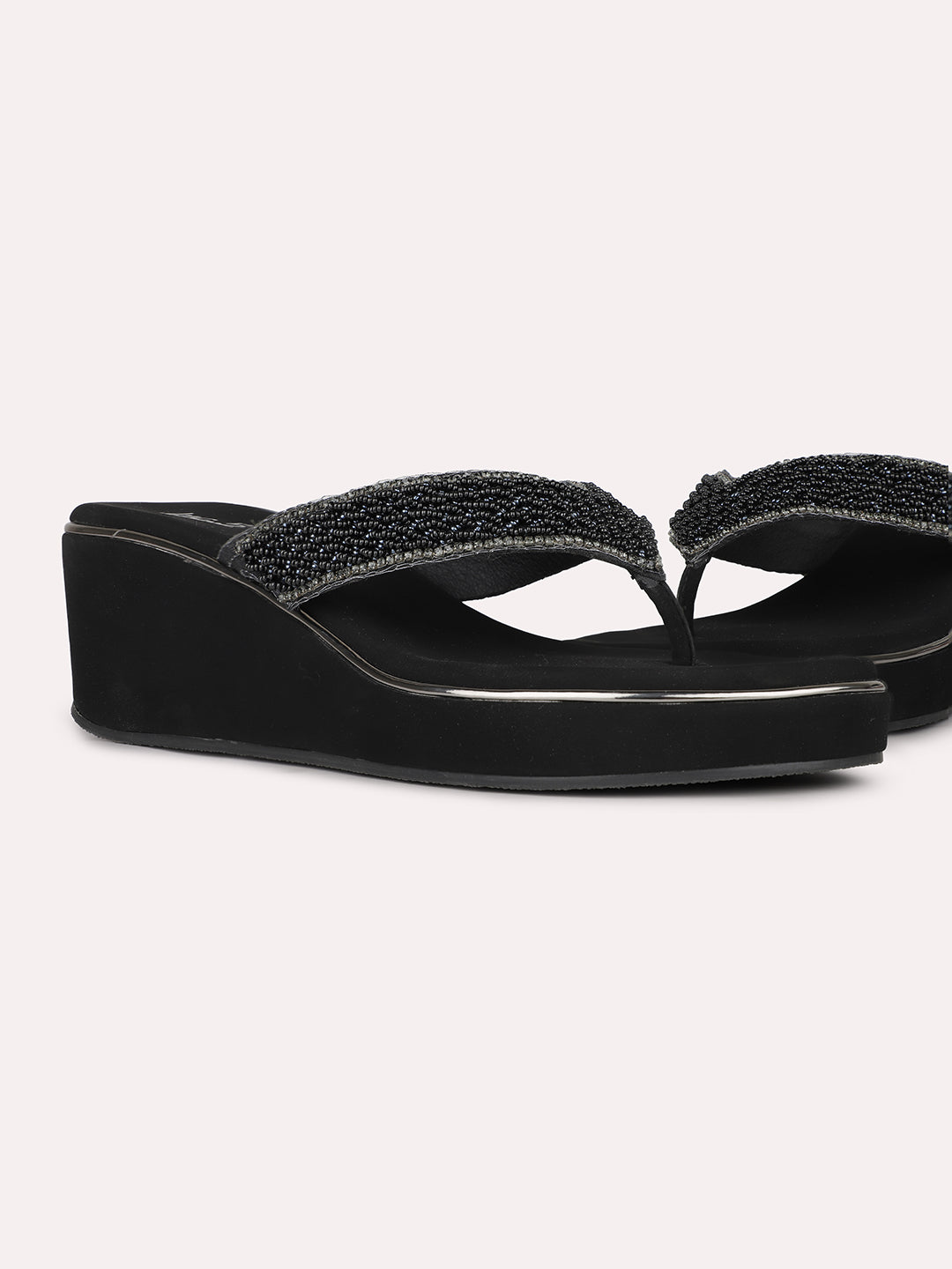 Women Black Party Wear Embellished Round Toe Wedge Heel Sandals