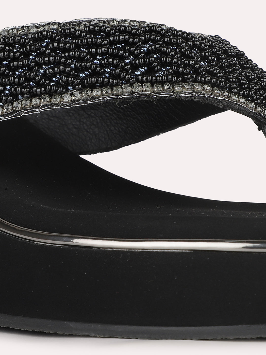 Women Black Party Wear Embellished Round Toe Wedge Heel Sandals