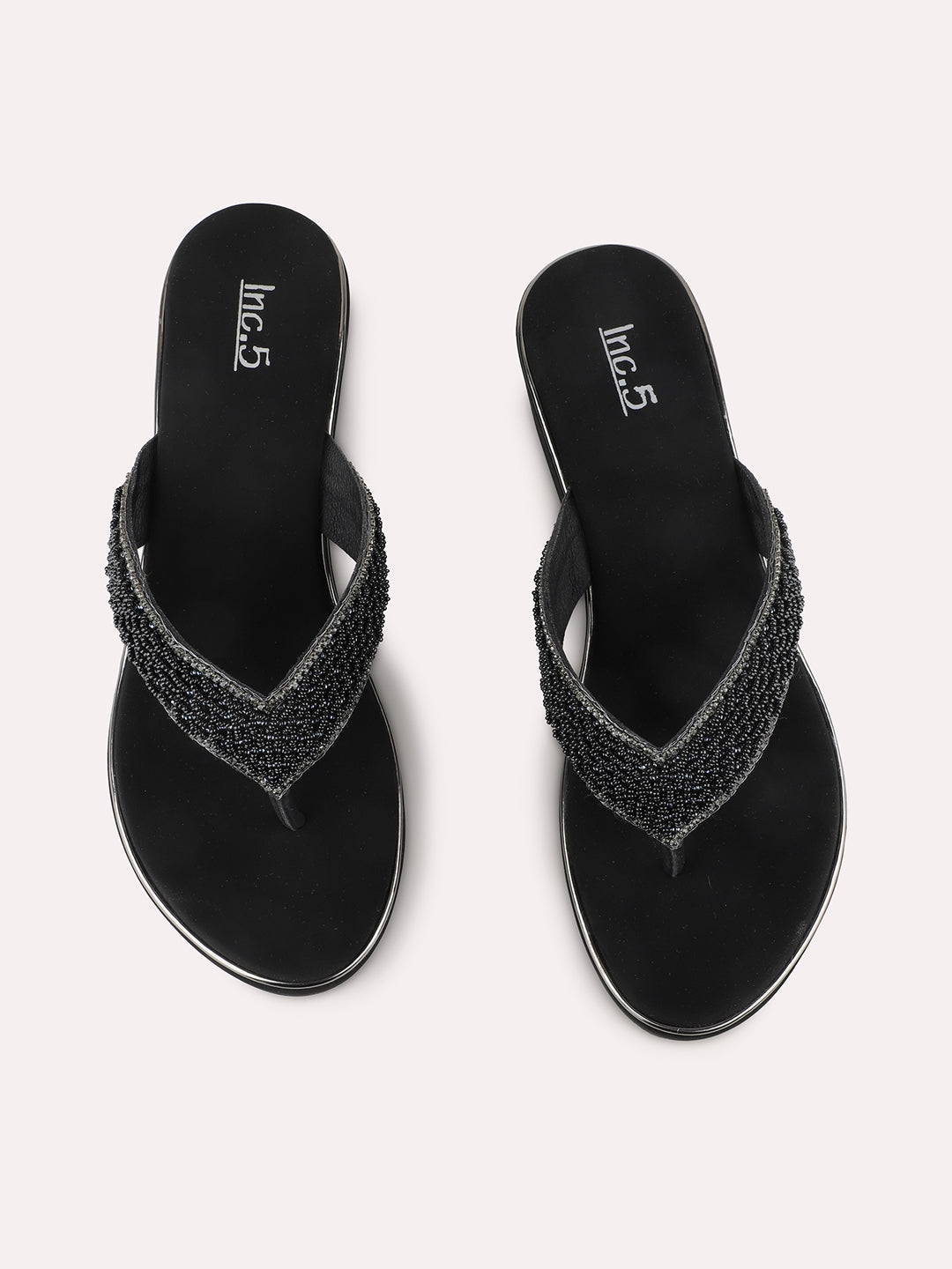 Women Black Party Wear Embellished Round Toe Wedge Heel Sandals